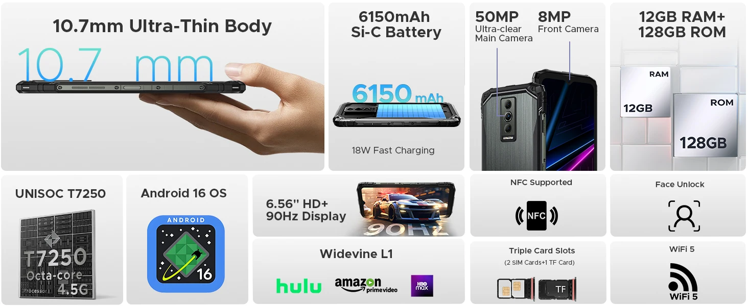DOOGEE Blade10 Pro Energy Rugged Phone 12GB+128GB 6.56” HD+ Screen 6150mAh Large Battery 50MP AI Camera UNISOC T7250 NFC Android 16 Smartphone