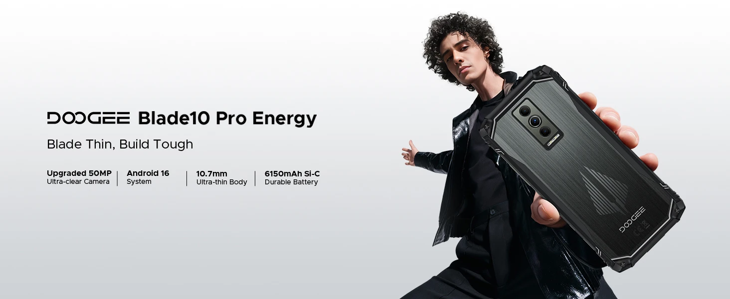 DOOGEE Blade10 Pro Energy Rugged Phone 12GB+128GB 6.56” HD+ Screen 6150mAh Large Battery 50MP AI Camera UNISOC T7250 NFC Android 16 Smartphone