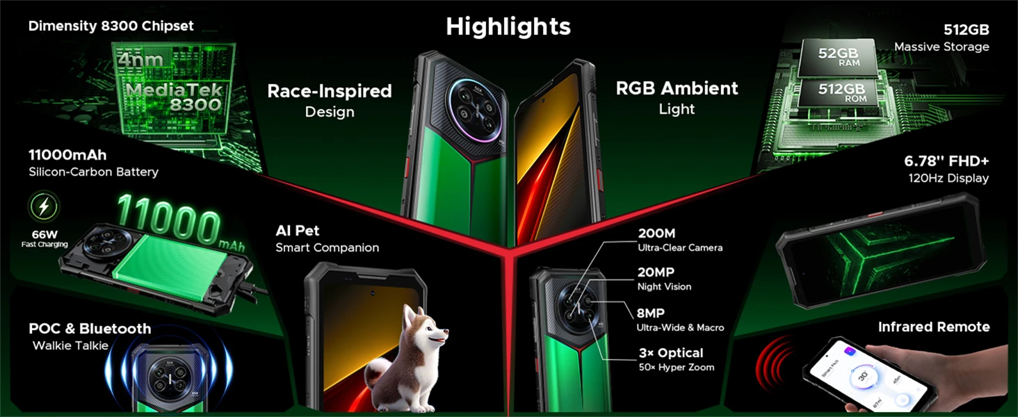 DOOGEE V50 Rugged Phone 52GB+512GB MediaTek Dimensity 8300 200MP Camera 11000mAh 66W Fast Charging 6.78" FHD+ 120Hz Display Android 16 Atmosphere Light Smartphone