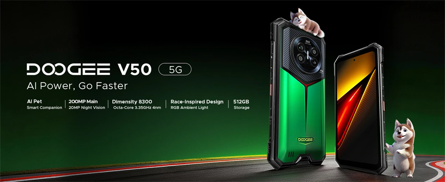 DOOGEE V50 Rugged Phone 52GB+512GB MediaTek Dimensity 8300 200MP Camera 11000mAh 66W Fast Charging 6.78" FHD+ 120Hz Display Android 16 Atmosphere Light Smartphone