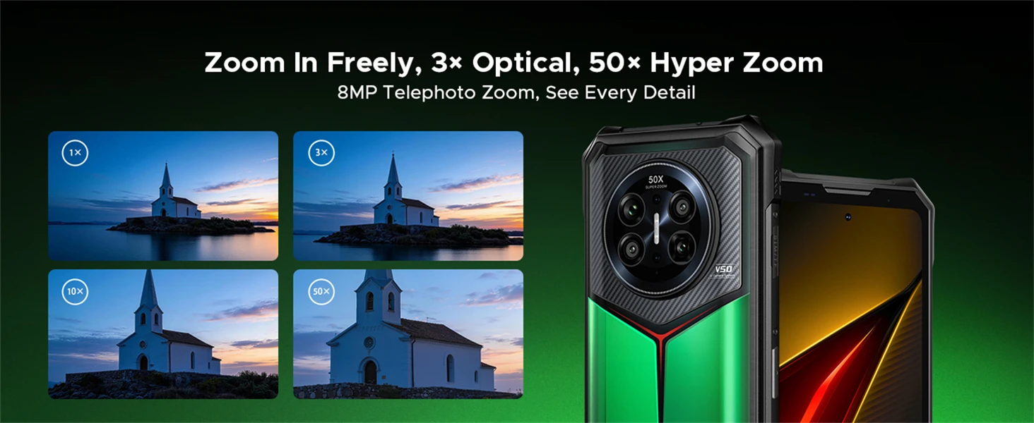 DOOGEE V50 Rugged Phone 52GB+512GB MediaTek Dimensity 8300 200MP Camera 11000mAh 66W Fast Charging 6.78" FHD+ 120Hz Display Android 16 Atmosphere Light Smartphone