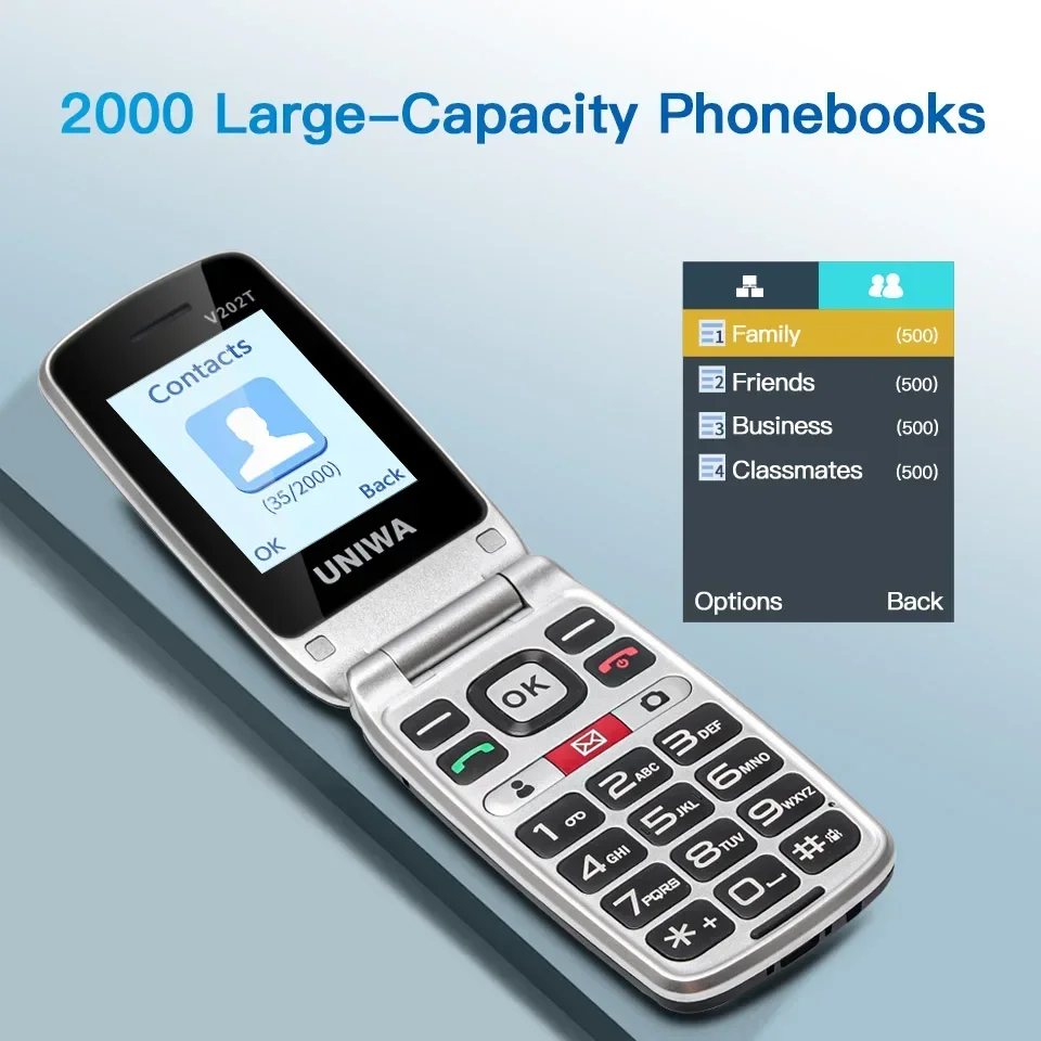 UNIWA V202T 4G VoLTE Phone Double Screen 1450mAh Big Fronts SOS Button Flip Phones Support HAC Russian keyboard Multi language