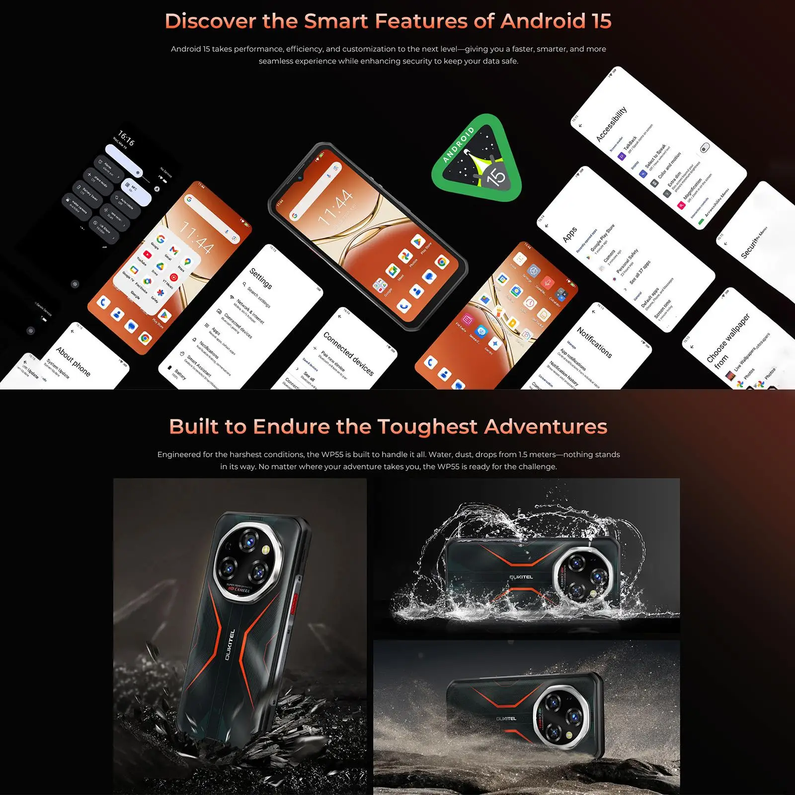 Oukitel WP55 Pro 5G Rugged Phone 16GB+512GB 108MP Camera 11000mAh 33W Android 15 MediaTek Dimensity 7025 NFC 6.6" Smartphone