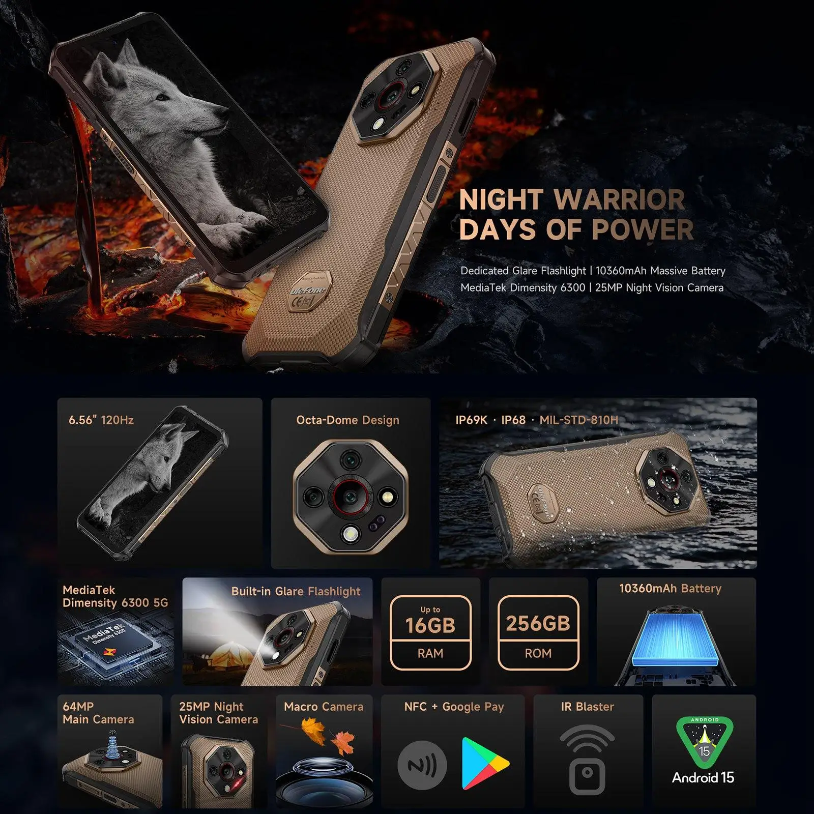 Ulefone Armor X16 Pro 5G Rugged Phone 8GB+256GB 120Hz Glare Flashlight 6.56” Android 15 MTK 6300 NFC 10360mAh Battery Smartphon