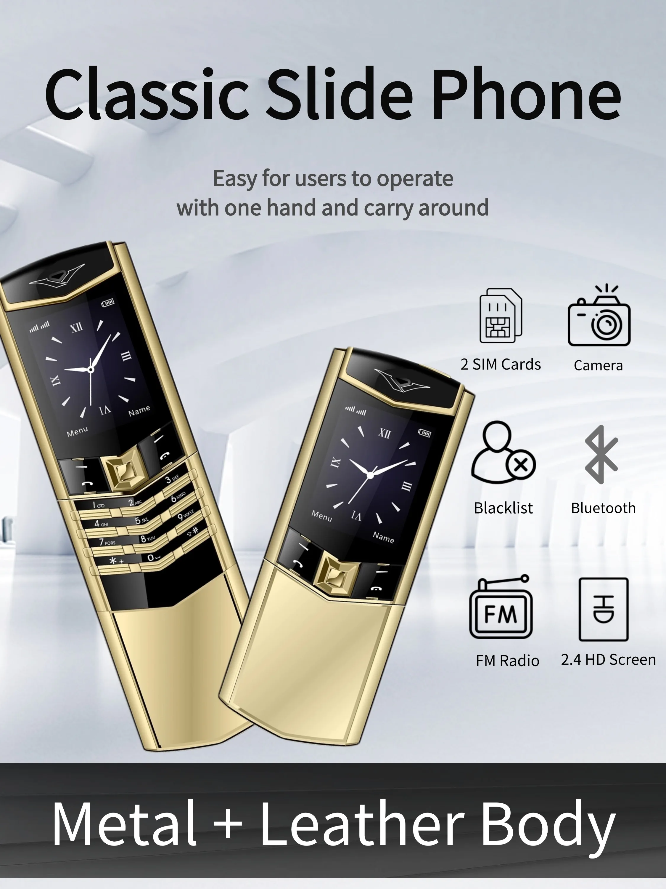 Luxury Slider Business Mobile Phone Metal Body Magice Voice Blacklist Dual Sim Big Button Portable Size Durable Elderly Classic