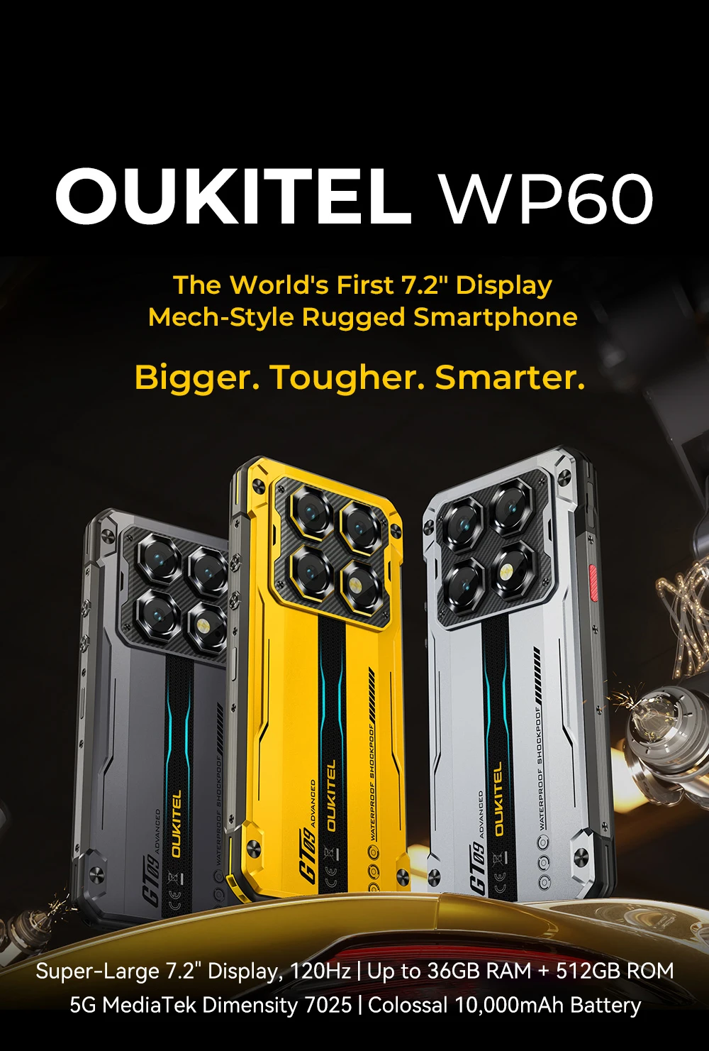 OUKITEL WP60 7.2” HD+ 120Hz Display Smartphone 36GB(12+24) RAM 512GB ROM MTK 7025 5G 10000mAh Rugged Phone 108MP Android 15 NFC