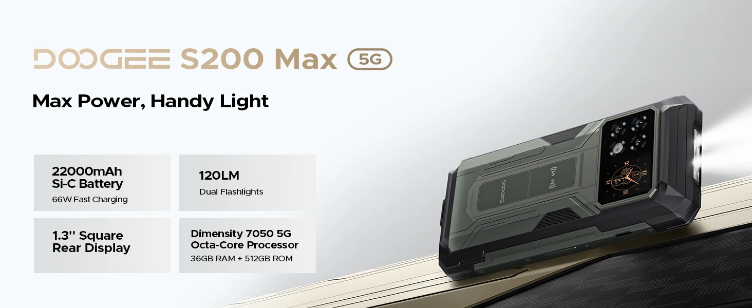 DOOGEE S200 Max Rugged Phone 36GB+512GB 22000mAh 66W Dual-LED Flashlight 1.32" Rear Display Dimensity 7050 108MP NFC Smartphone