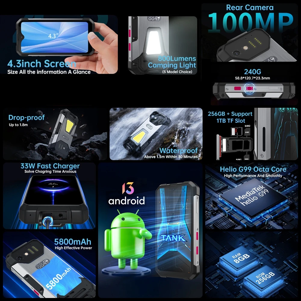 Unihertz Tank Mini Rugged Phone 8GB+256GB Night Vision Version 100MP Camera 5800mAh 4.3'' Android13 Helio G99 Octa 4G Smartphone