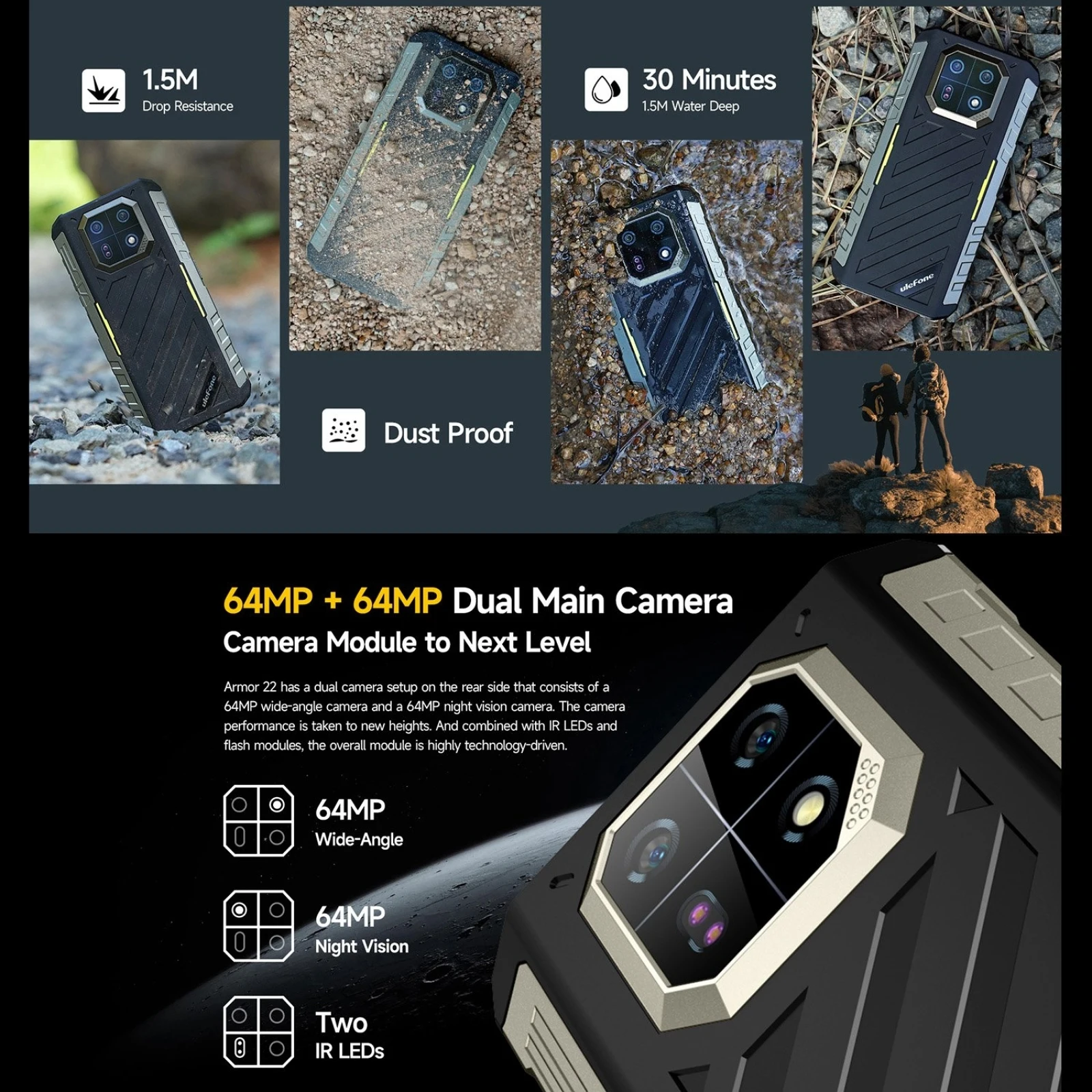 Ulefone Armor 22 Rugged Phone 8GB+128GB / 256GB 6.58'' Android 13 Helio G96 Octa Core 64MP Rear Camera 4G NFC Smartphone