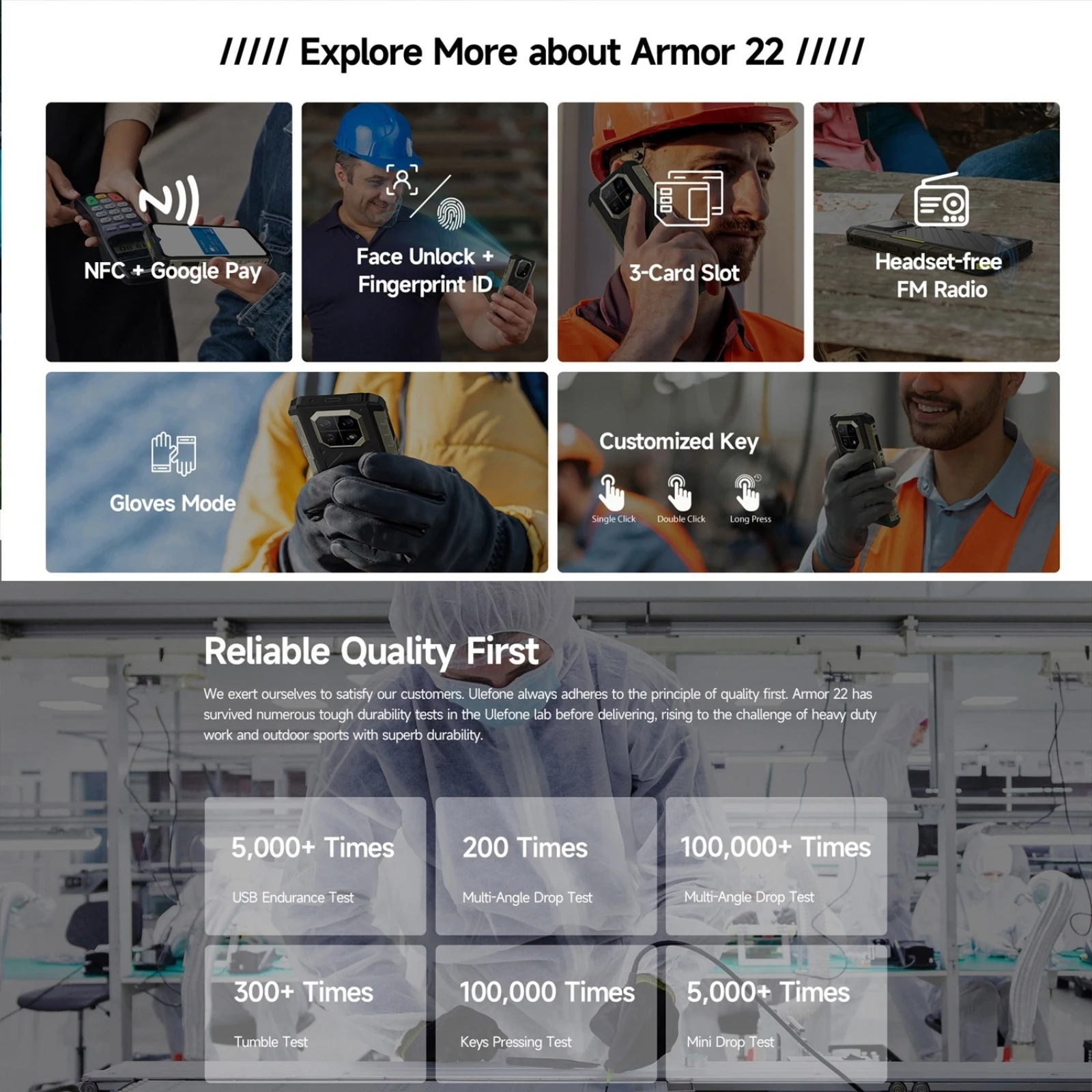 Ulefone Armor 22 Rugged Phone 8GB+128GB / 256GB 6.58'' Android 13 Helio G96 Octa Core 64MP Rear Camera 4G NFC Smartphone