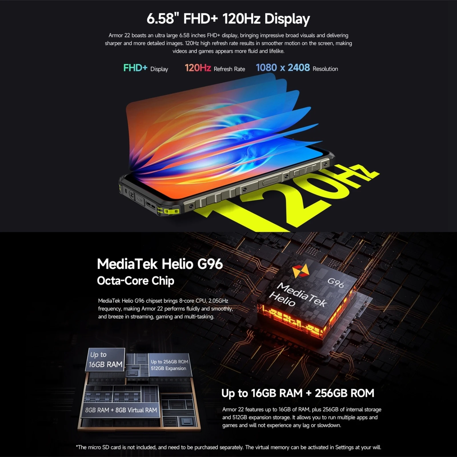 Ulefone Armor 22 Rugged Phone 8GB+128GB / 256GB 6.58'' Android 13 Helio G96 Octa Core 64MP Rear Camera 4G NFC Smartphone