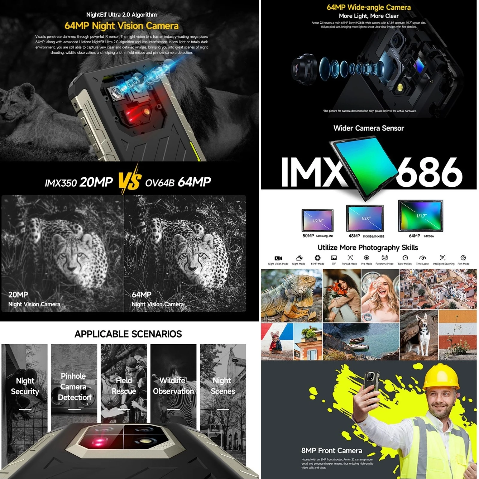 Ulefone Armor 22 Rugged Phone 8GB+128GB / 256GB 6.58'' Android 13 Helio G96 Octa Core 64MP Rear Camera 4G NFC Smartphone