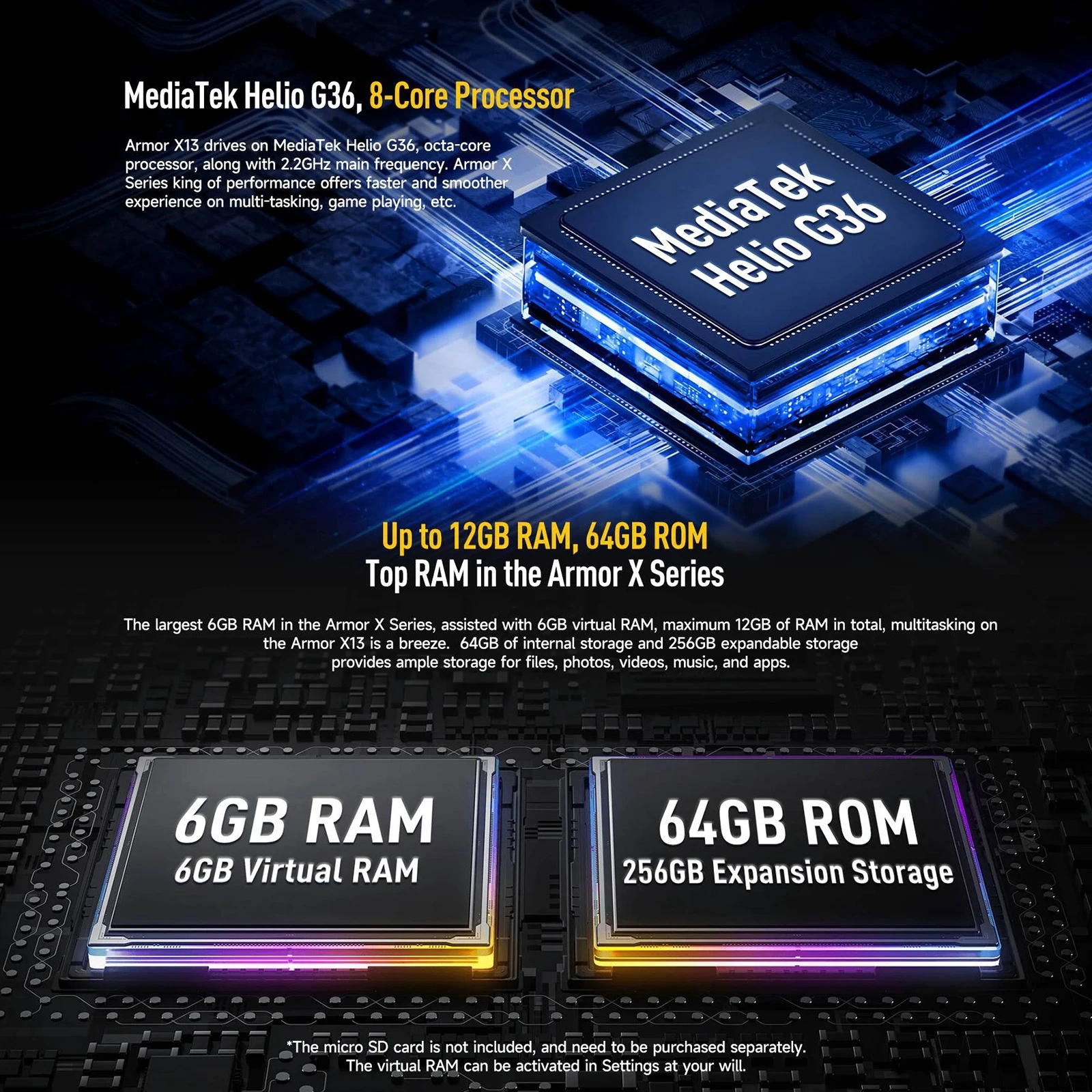 Ulefone Armor X13 Rugged Phone 6GB+64GB 6.52 inch Android 13 Helio G36 Octa Core 6320mAh 4G NFC Smartphone Global Version