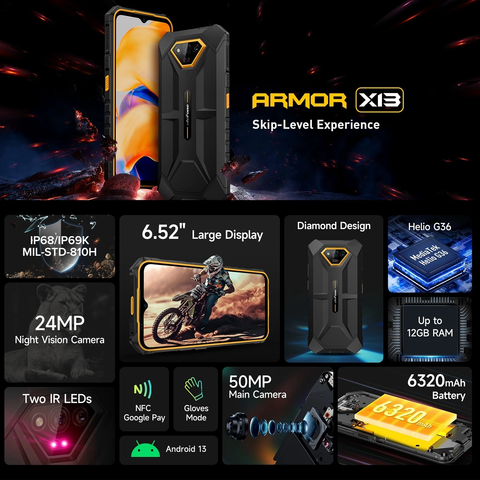 Ulefone Armor X13 Rugged Phone 6GB+64GB 6.52 inch Android 13 Helio G36 Octa Core 6320mAh 4G NFC Smartphone Global Version