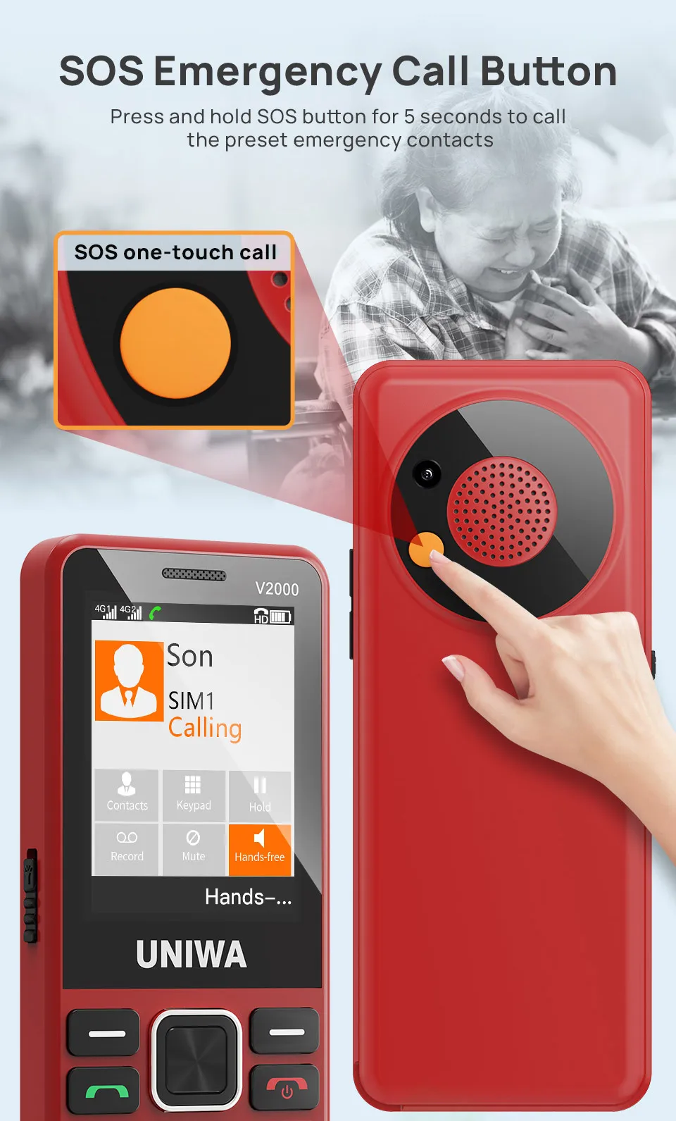 UNIWA V2000 4G Fashion Keypad Phone 2.4 Inch Big Button Loud Volume Dual SlM 1700mAh Russia Keyboard Feature Phones for Elderly