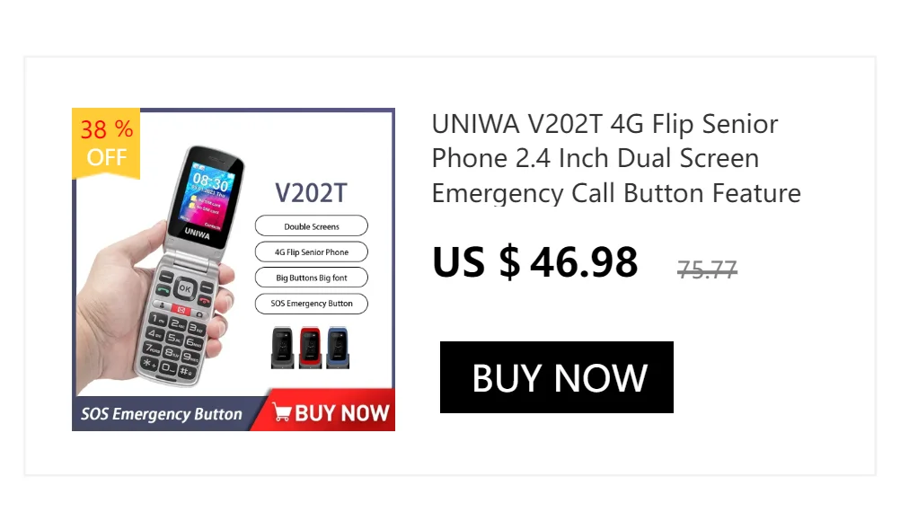 UNIWA V202T 4G Flip Senior Phone 2.4 Inch Dual Screen Emergency Call Button Feature Phone 1450mAh Big Push-Button For Elderly