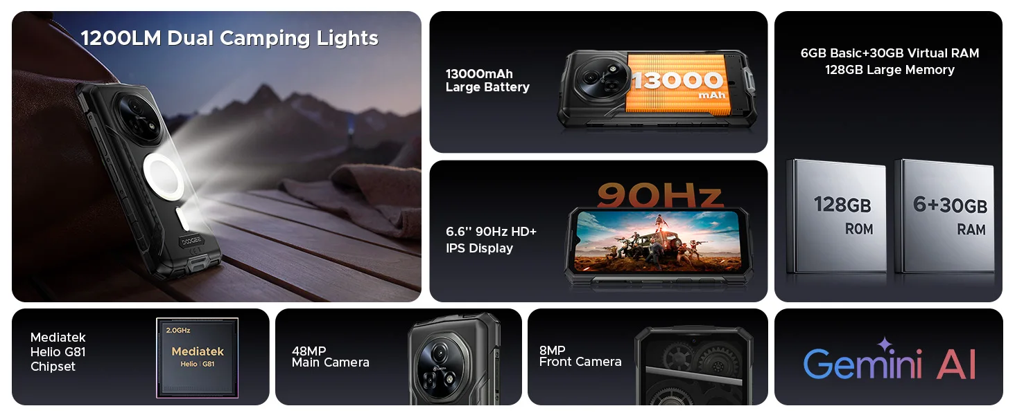 DOOGEE Fire 5 Ultra Rugged Phone 36GB 128GB 13000mAh Battery Helio G81 6.6'' HD+ Display 48MP Camera NFC Dual Camping lights Android 16 Smartphone