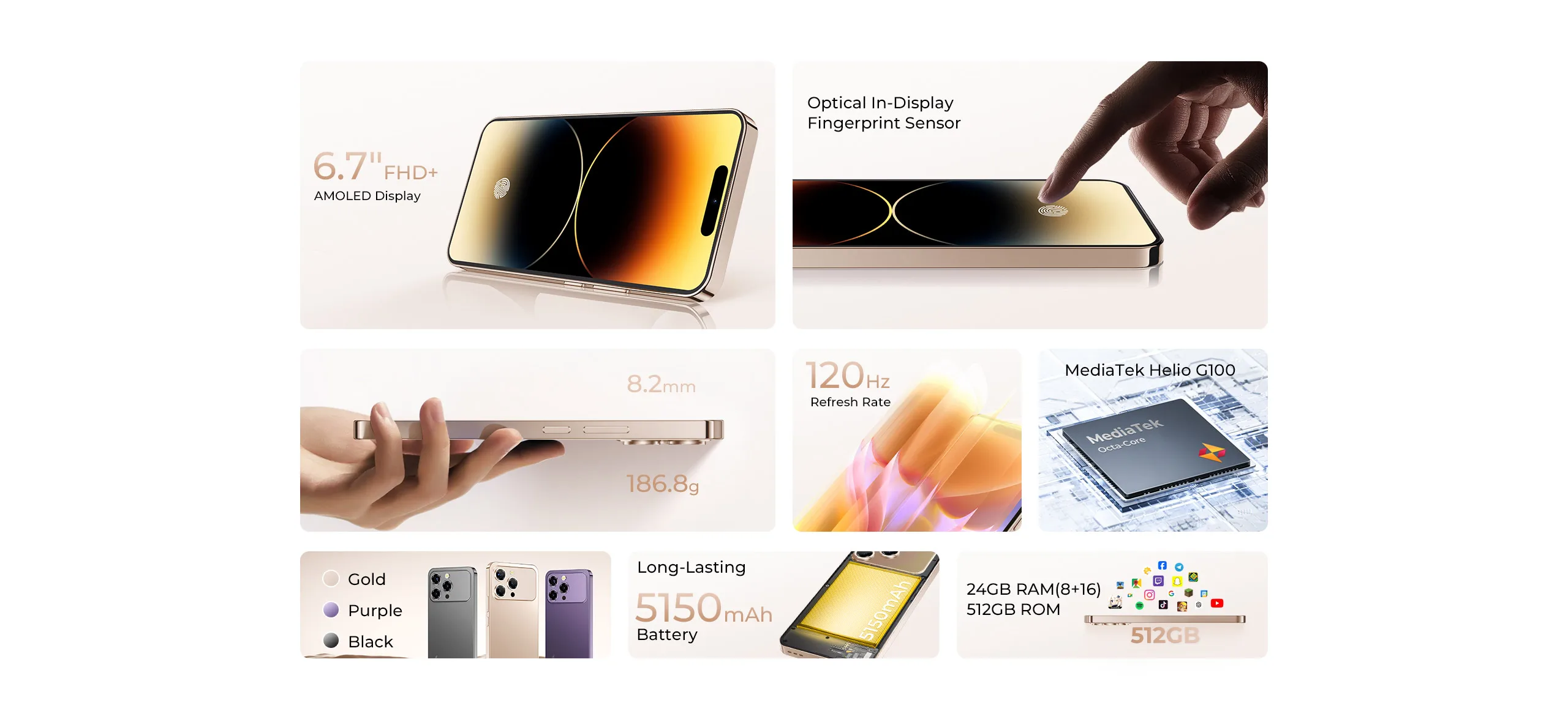 OUKITEL P1 PRO Smartphone 6.7" FHD+ AMOLED 120Hz Display 24GB+512GB Android Mobile Phone 5150mAh Battery 50MP Camera Helio G100