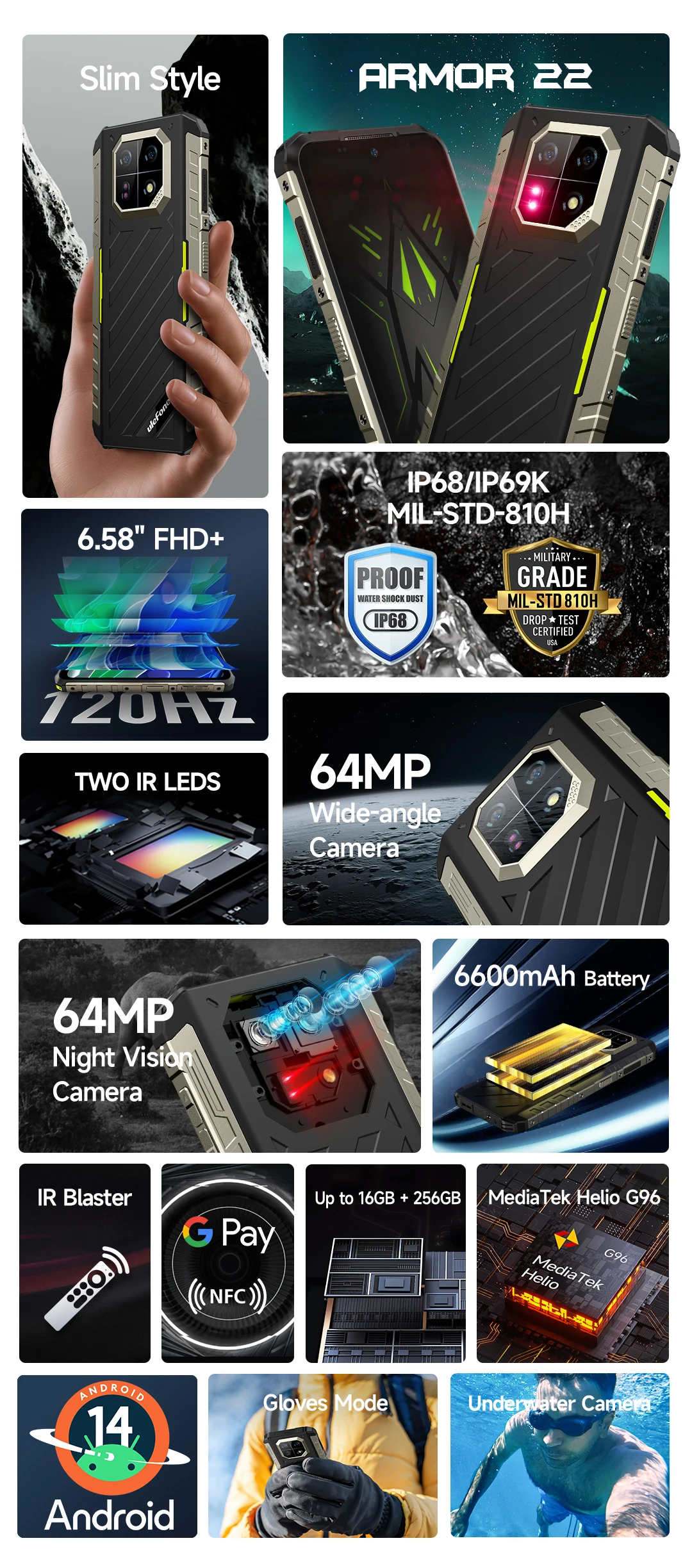 Ulefone Armor 22 Android 14,16GB (8+8GB RAM ),128GB/256GB ROM, 6.58" 120Hz ,6600mAh 33W,NFC,64MP Night Camera, Global Version