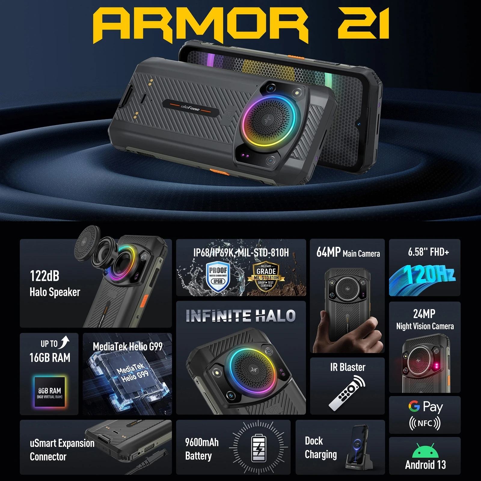 Ulefone Armor 21 Rugged Phone Night Vision 8GB+256GB 6.58 inch Android 13 Helio G99 NFC Google Play 4G Cellphone