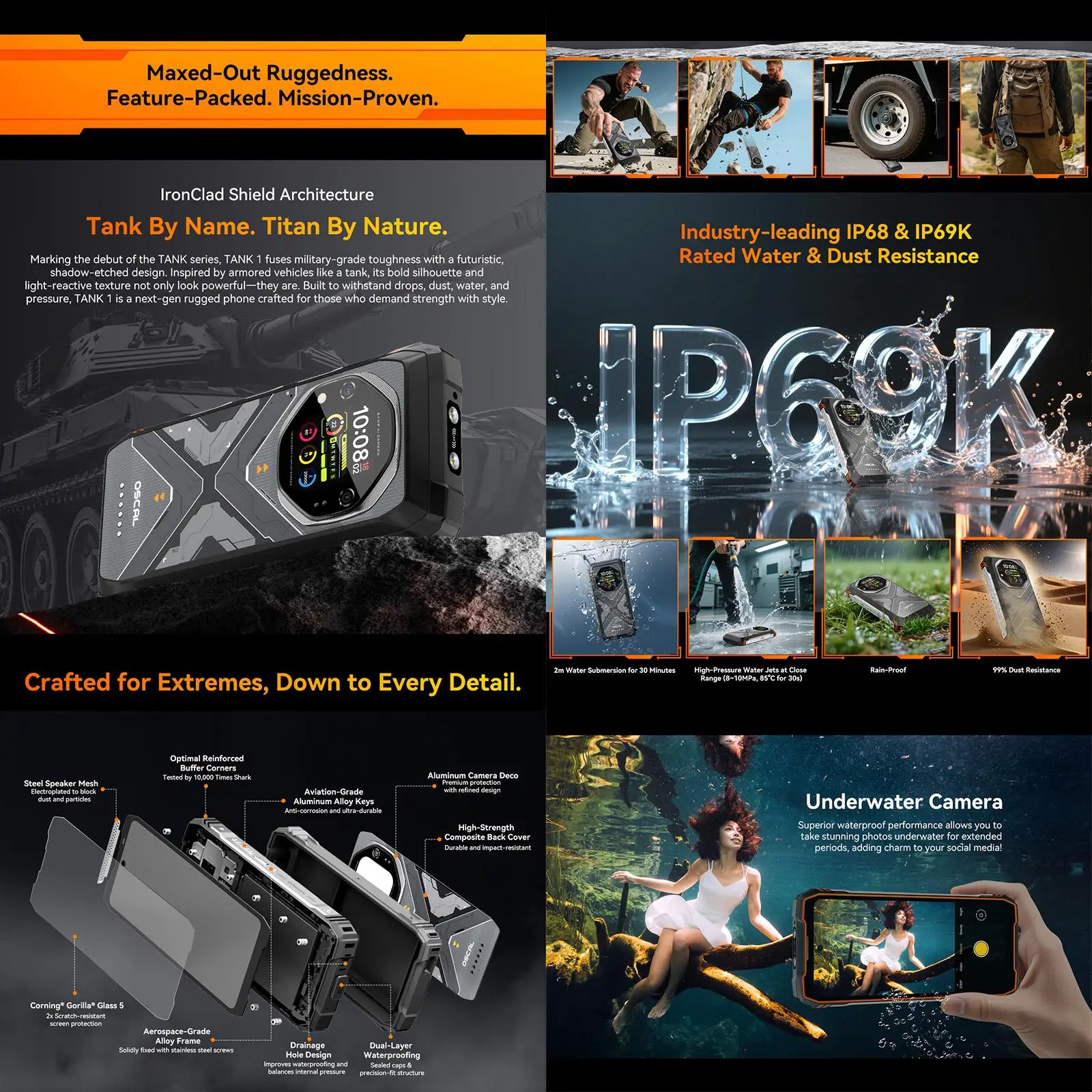 Blackview Oscal TANK 1 Rugged Phone 12GB+256GB 6.78'' Android 15 OS 4.2 Mediatek Dimensity 7050 20000mAh 64MP 5G NFC Smartphone