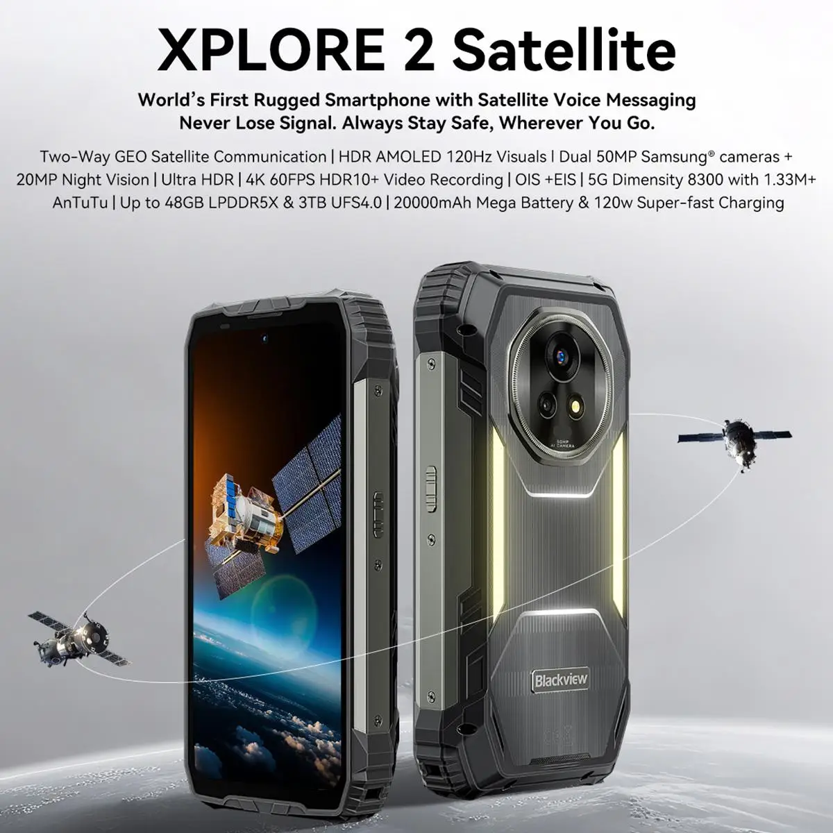 Blackview XPLORE 2 Satellite Rugged Smartphone 16GB+1TB 6.73" 120Hz Display Android 15 50MP Camera 20000mAh 5G NFC Rugged Phone