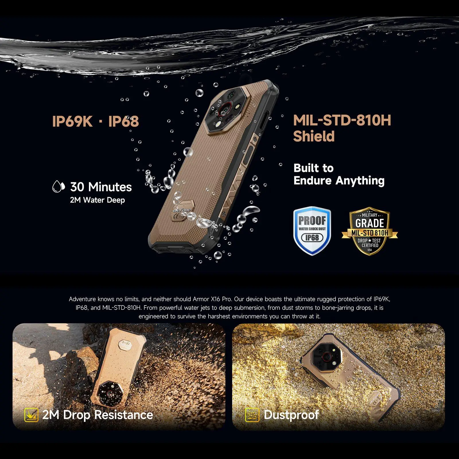 Ulefone Armor X16 Pro 5G Rugged Phone 8GB+256GB 120Hz Glare Flashlight 6.56” Android 15 MTK 6300 NFC 10360mAh Battery Smartphone
