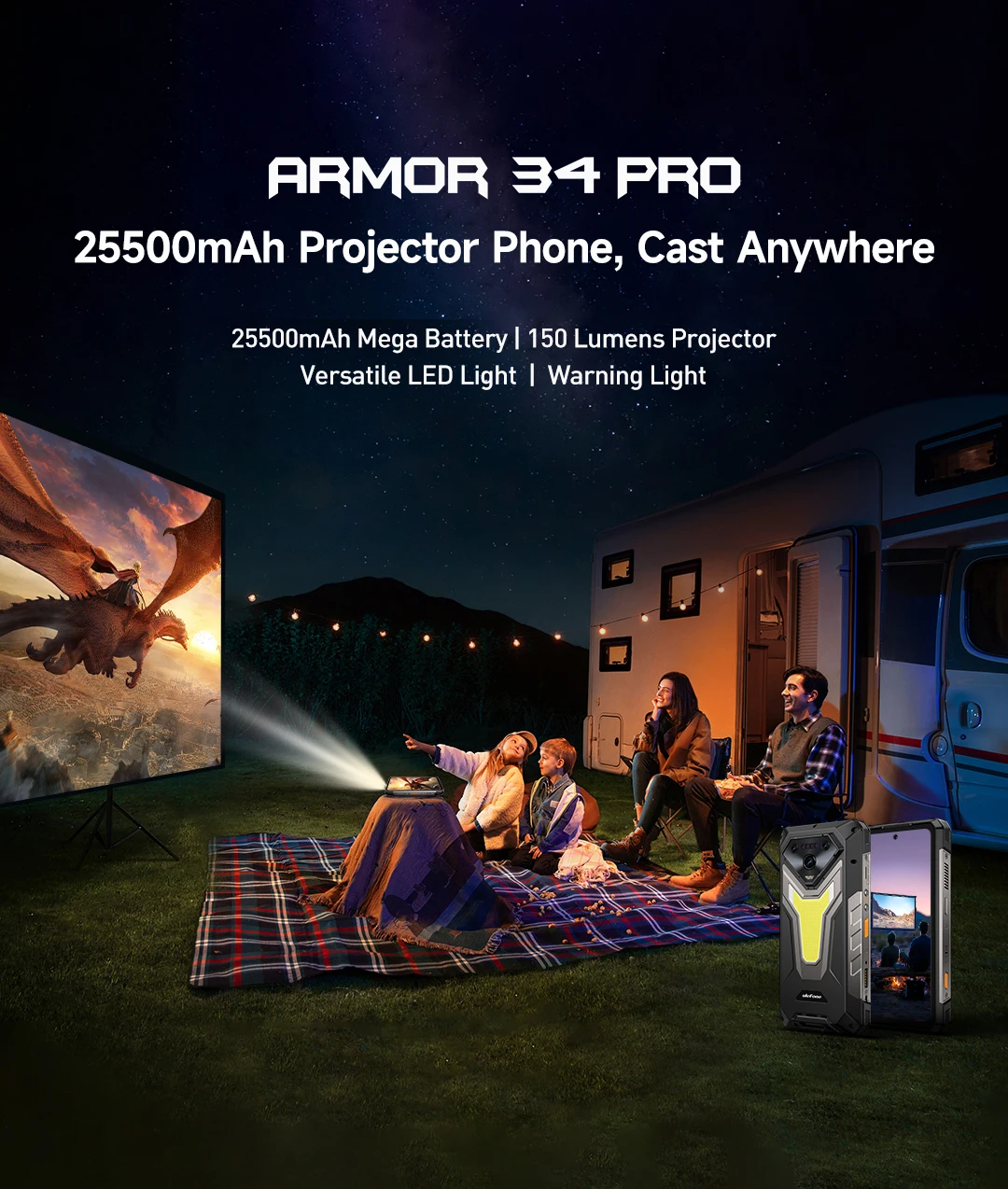 【NEW】Ulefone AI Smartphone Armor 34 Pro 5G 25500mAh Built-in Projector 512GB ROM 120Hz 6.95" NFC Smartphone Mobile Phone