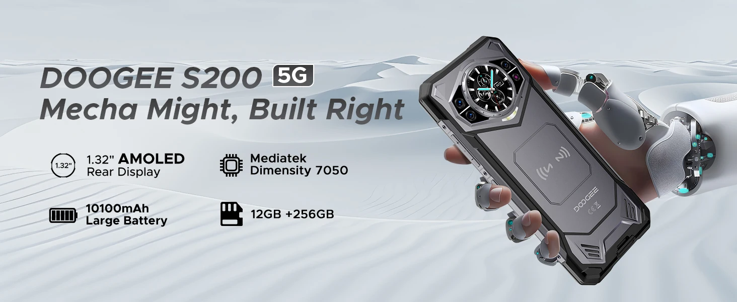DOOGEE S200 5G Rugged Phone 12GB 256GB 1.32" AMOLED Rear Display Dimensity 7050 100MP Camera 10100mAh NFC Smartphone