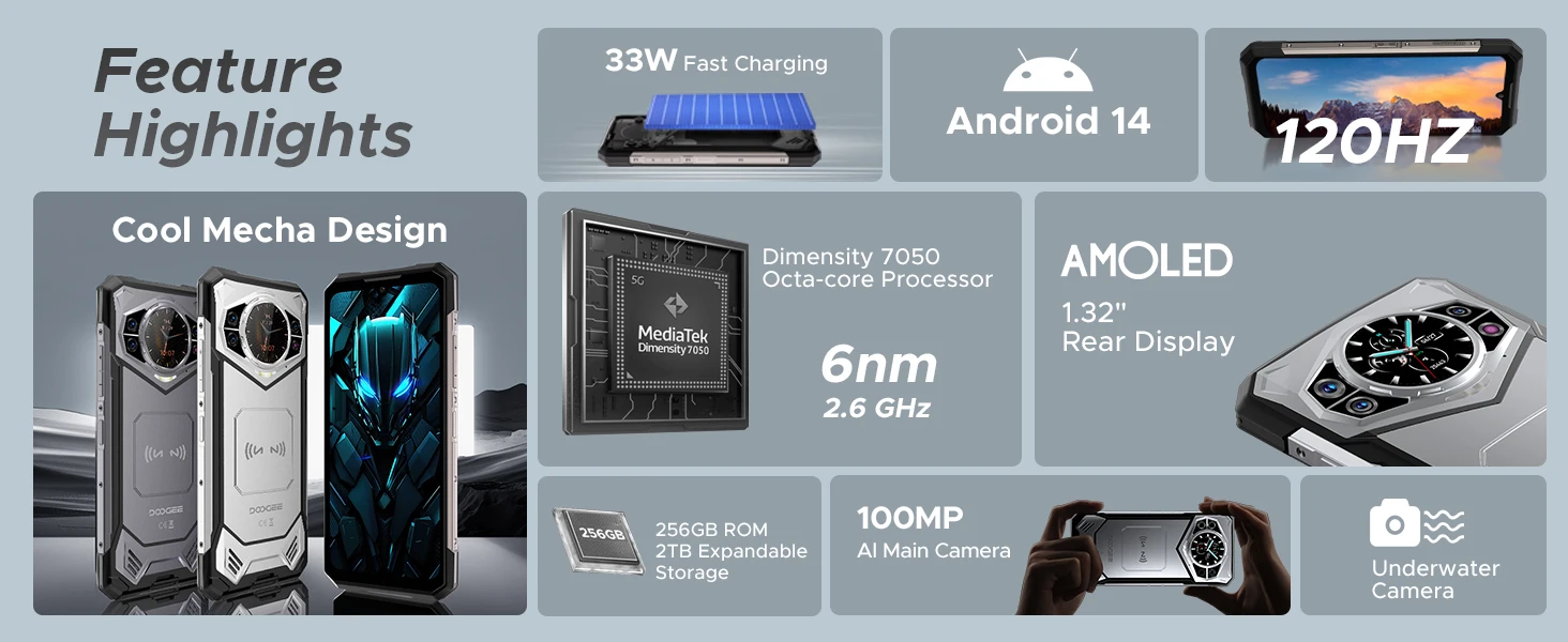DOOGEE S200 5G Rugged Phone 12GB 256GB 1.32" AMOLED Rear Display Dimensity 7050 100MP Camera 10100mAh NFC Smartphone