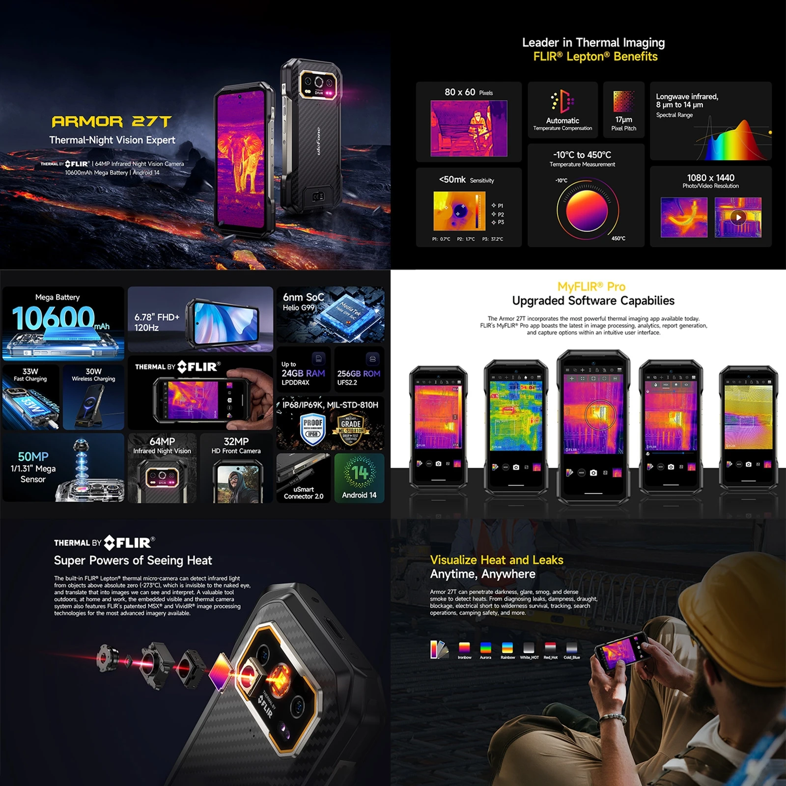 Ulefone Armor 27T+ Rugged Phone 12GB+256GB Thermal Imager 10600mAh 6.78'' Android 14 Helio G99 Night Vision 4G NFC Smartphone