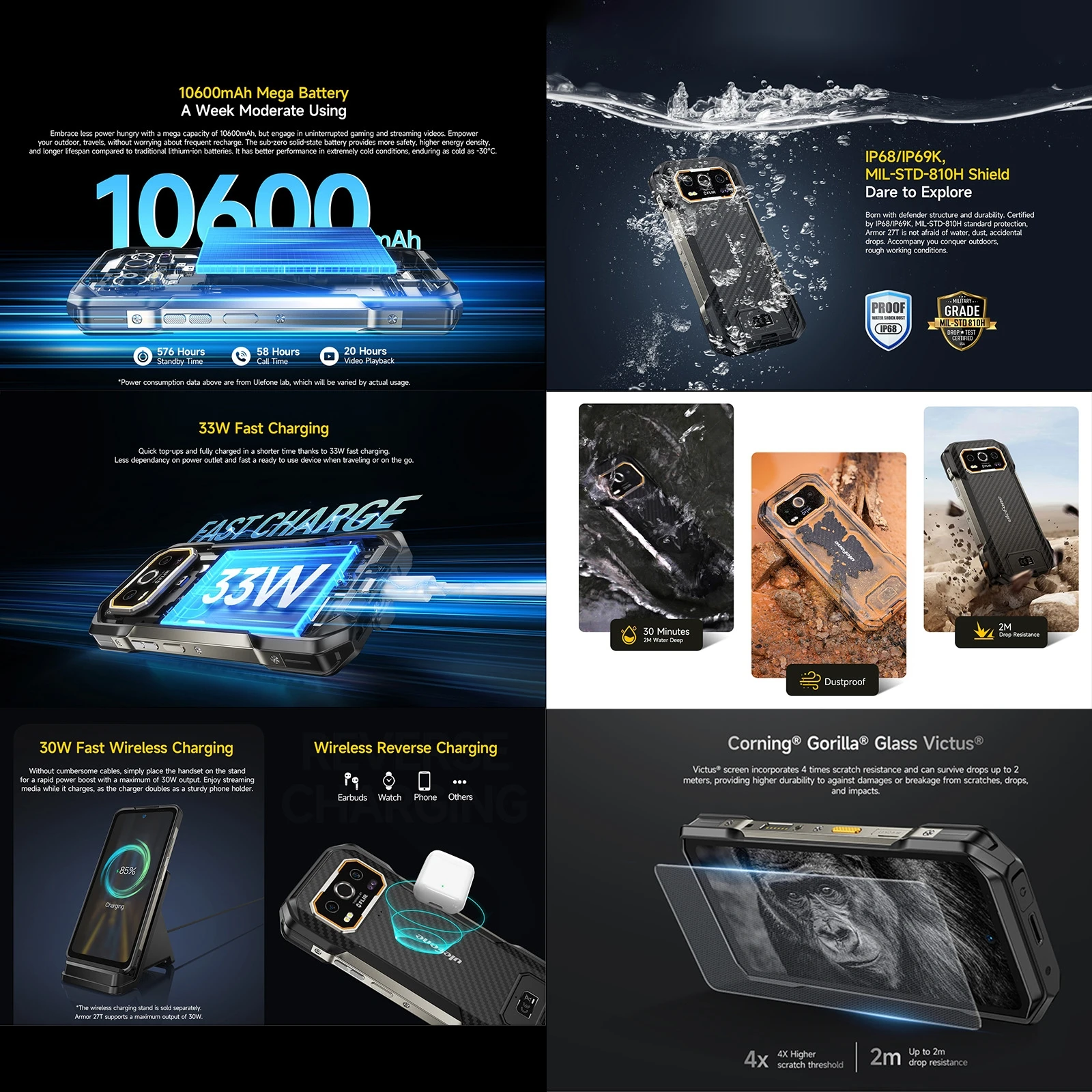 Ulefone Armor 27T+ Rugged Phone 12GB+256GB Thermal Imager 10600mAh 6.78'' Android 14 Helio G99 Night Vision 4G NFC Smartphone