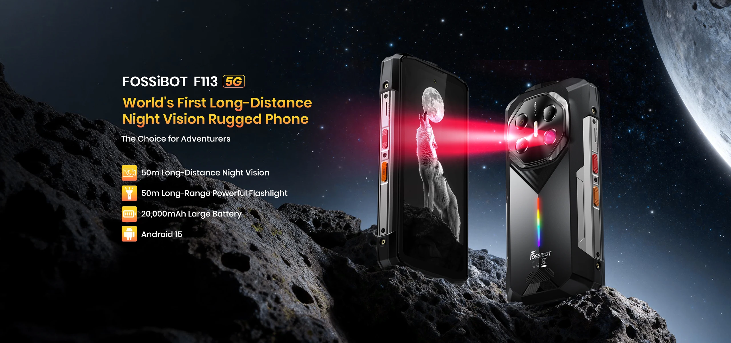 FOSSiBOT F113 Rugged Smartphone Unlocked, 36GB+256GB, 20000mAh 33W, Android, 108MP Cam, Waterproof, NFC, Camping Light