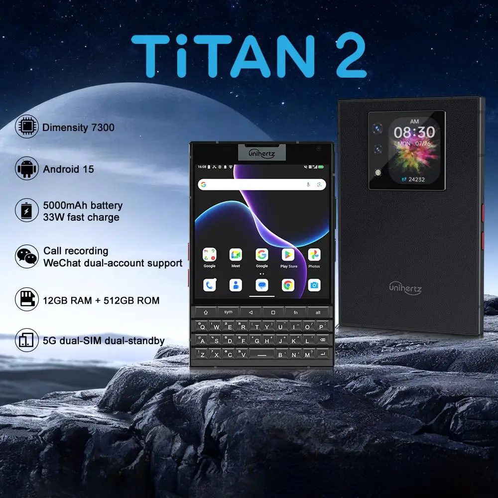 Unihertz Titan 2 QWERTY Physical Keyboard Smart Phone 5G 4.5'' 12GB 512GB 5050mAh 33W 50MP Camera Dimensity 7300 Android 15 NFC