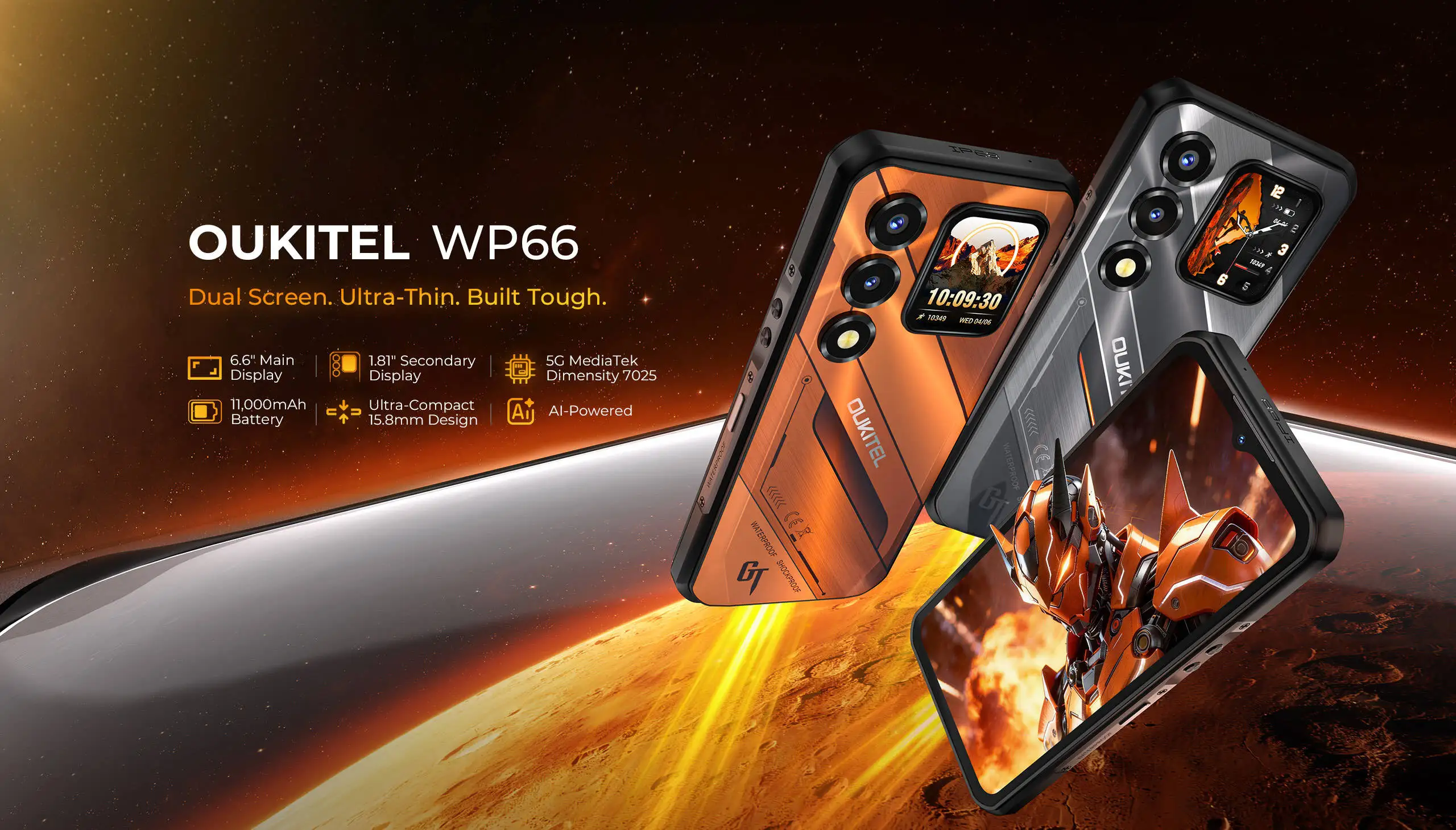 OUKITEL WP66 11000mAh Rugged Smartphone, 36GB+512GB 6.6" FHD+ 1.81" Dual Screen 120Hz, 108MP NFC MTK 5G Mobile Phone, Android 16