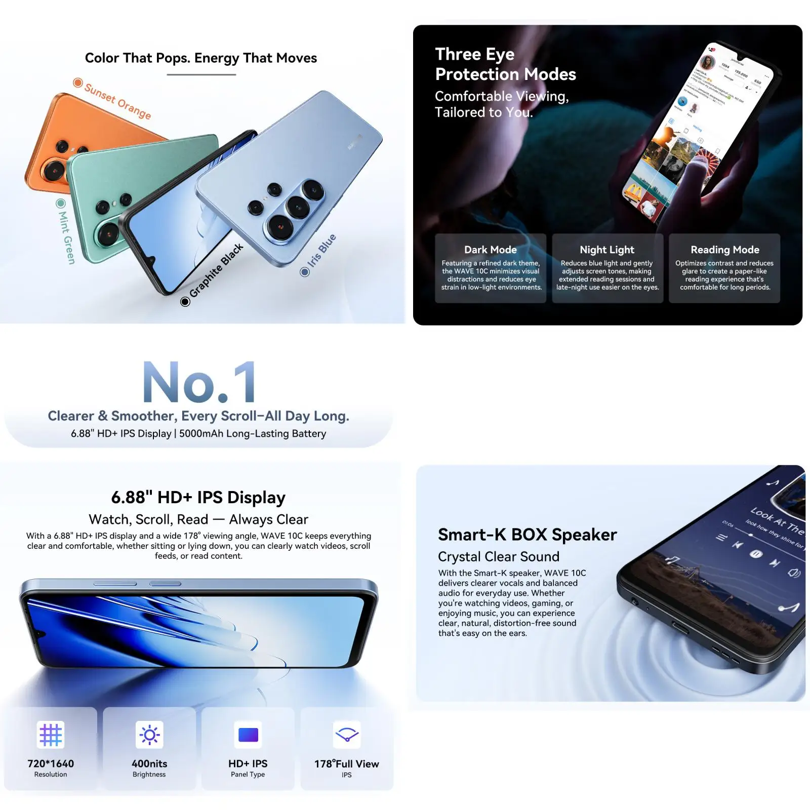 Blackview WAVE 10C Smartphone 6.88'' HD+IPS Display 5000mAh Battery 4GB+32GB / 128GB Unisoc Cell Phone 32MP Camera 4G Android 16