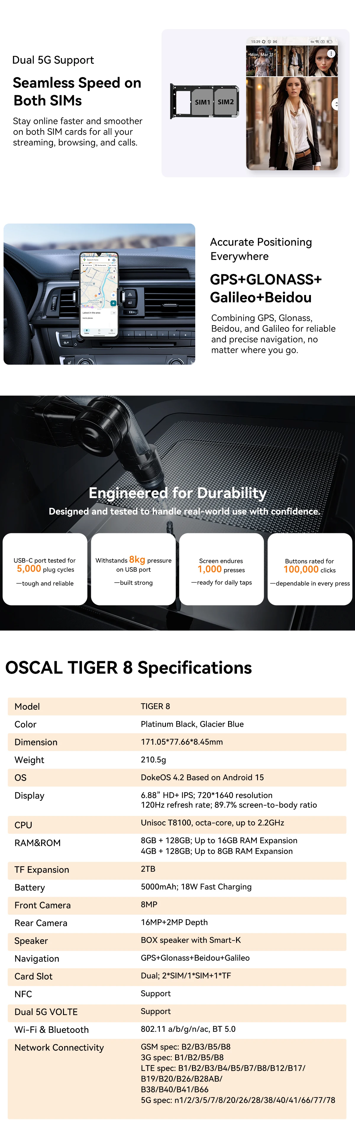 Blackview OSCAL TIGER 8 5G AI Smartphone 6.88"120Hz Display 8GB+128GB Storage Unisoc T8100 Processor 5000mAh Battery Android 15