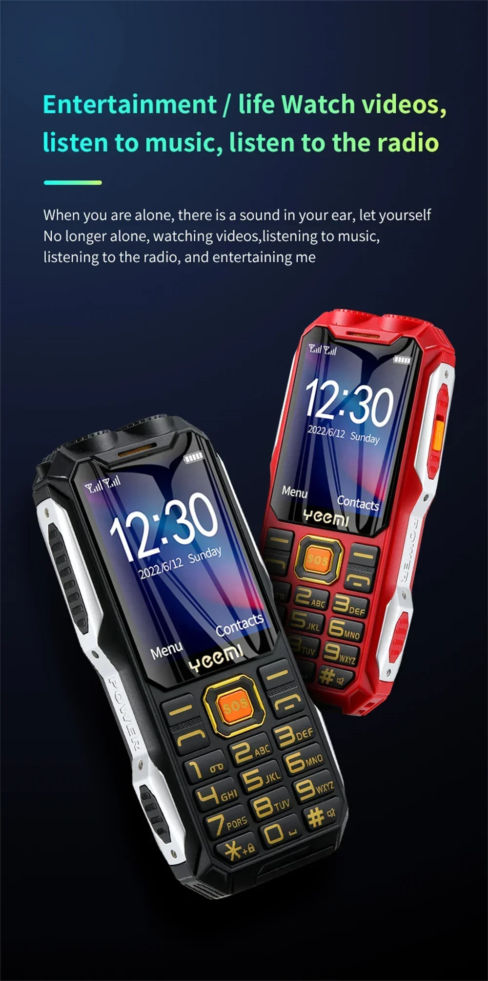 YEEMI Q8 GSM 2G Rugged Phone Big Battery Dual Flashlight 2.6 inches HD Screen Dual SIM Mobile Phone Large Button Cellphone SOS