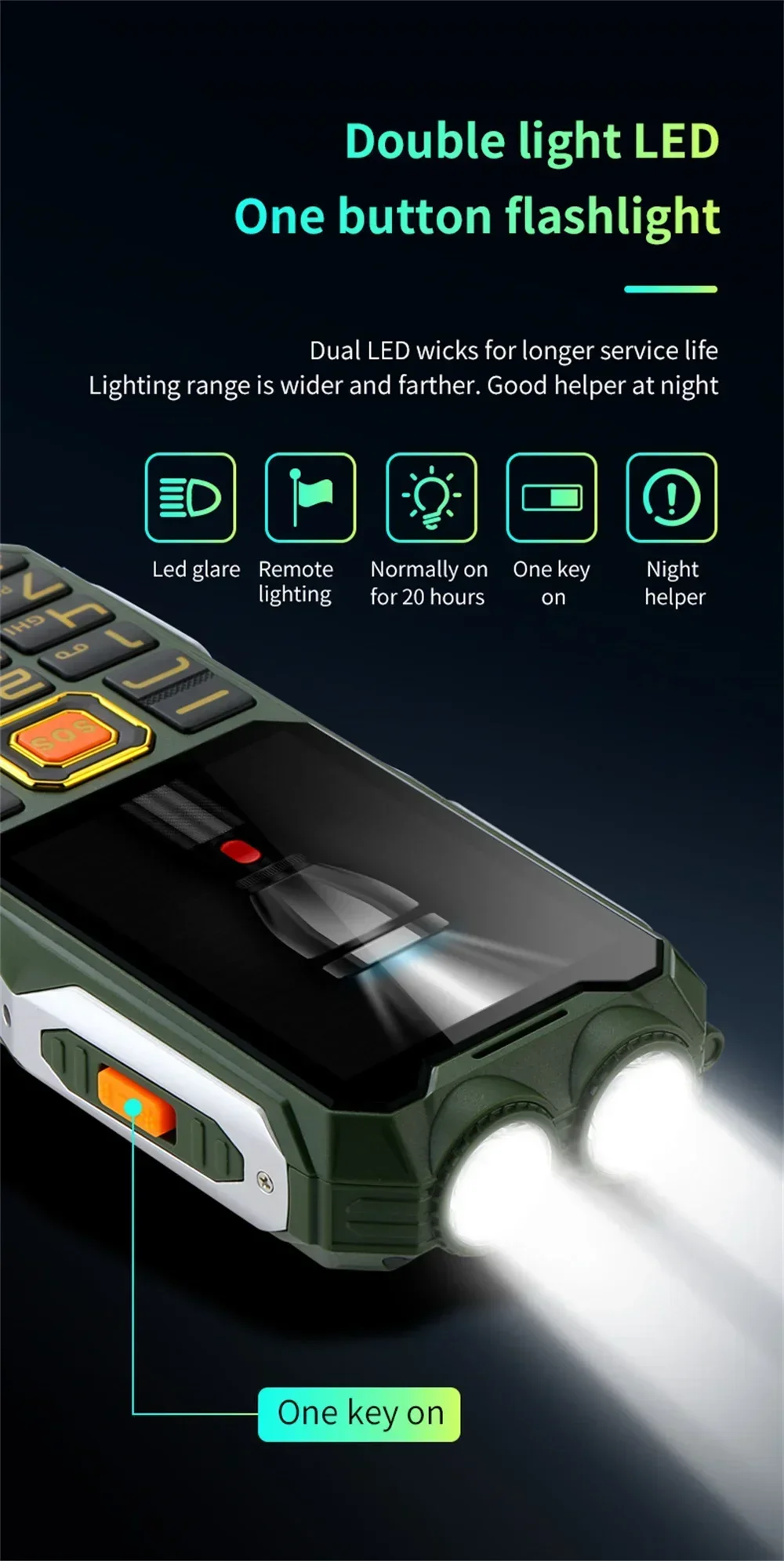 YEEMI Q8 GSM 2G Rugged Phone Big Battery Dual Flashlight 2.6 inches HD Screen Dual SIM Mobile Phone Large Button Cellphone SOS