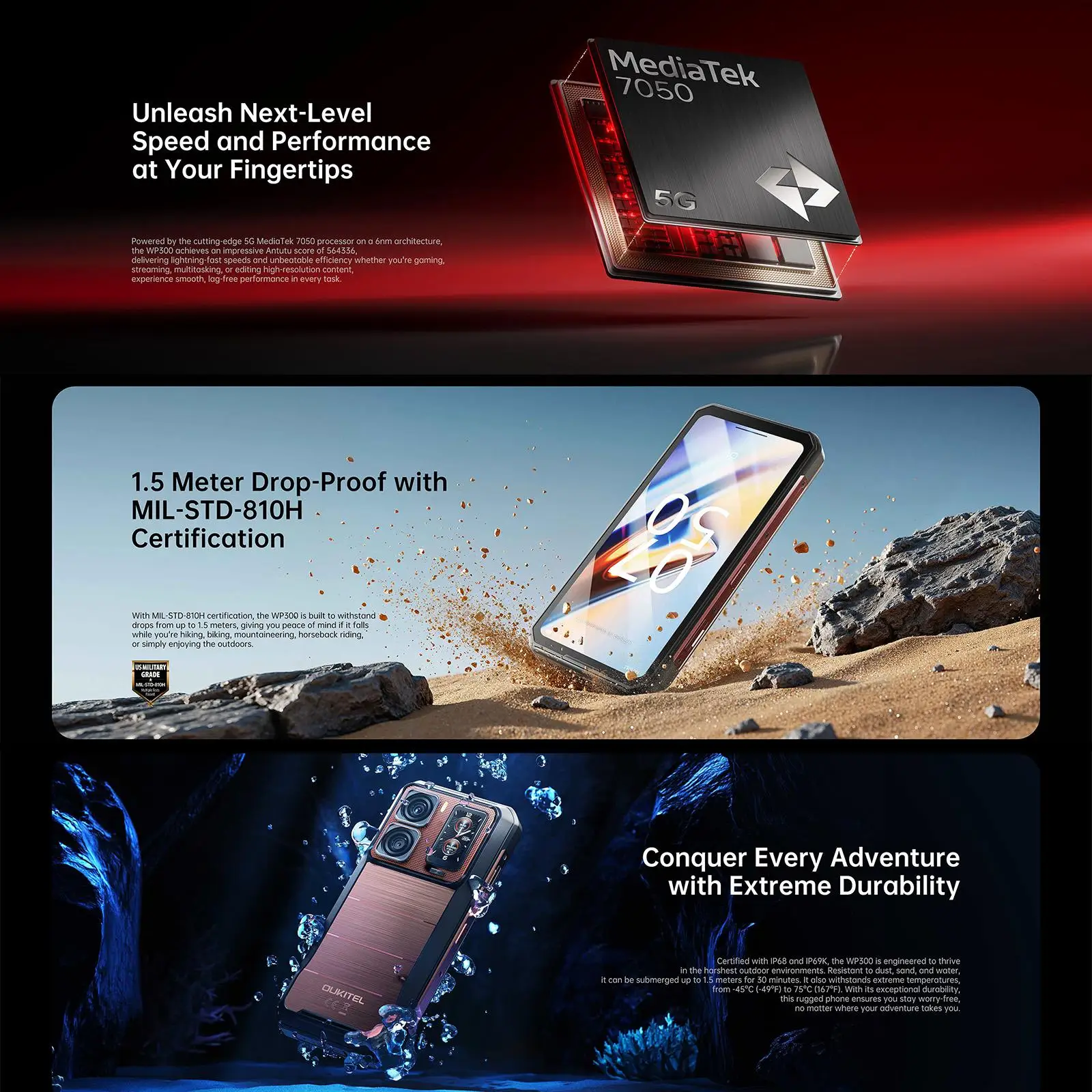 Oukitel WP300 Rugged Phone with Watch 12GB+512GB, 6.8 inch Android 15 camping Light MediaTek Dimensity 7050 NFC 5G Smartphone