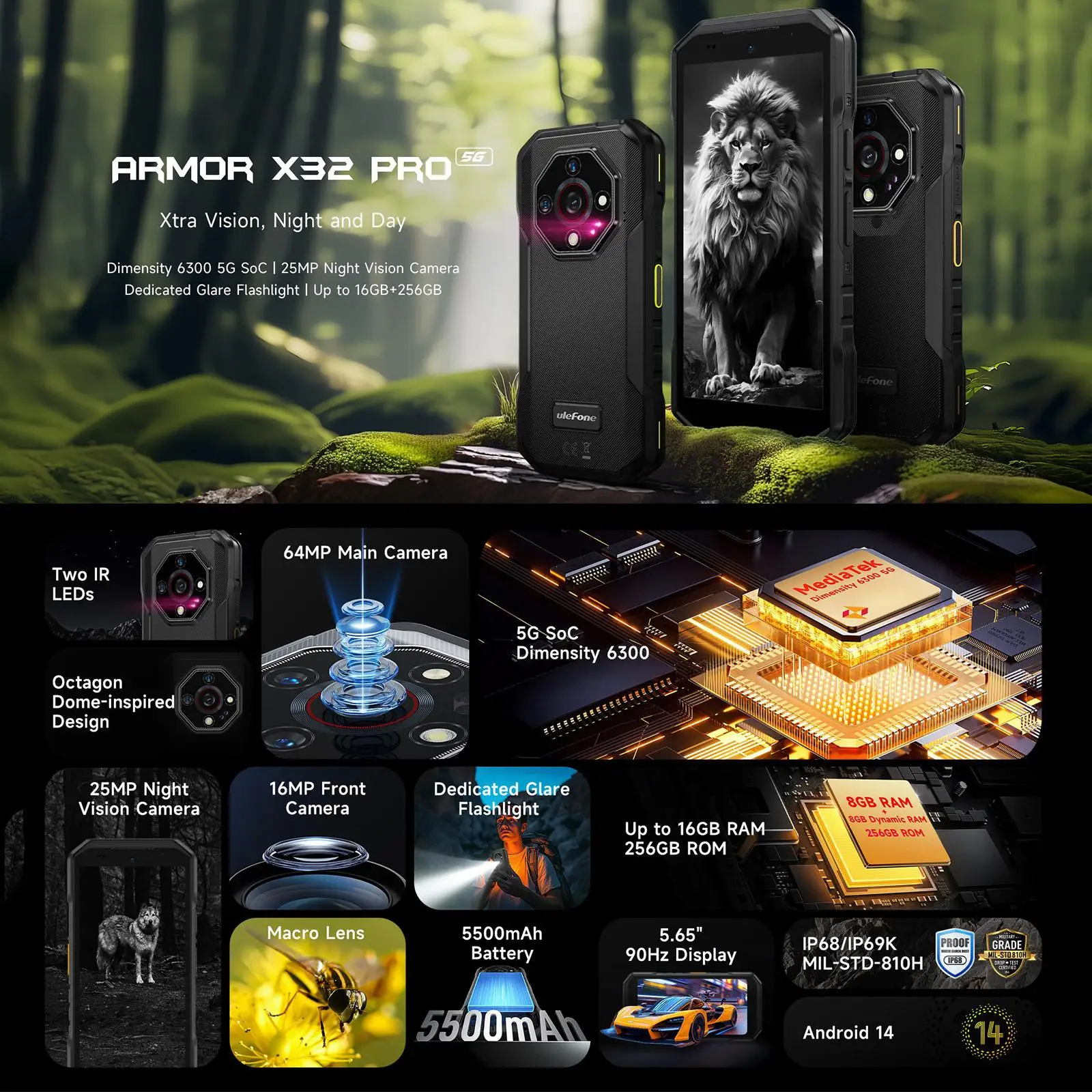 Ulefone Armor X32 Pro 5G Rugged Phone 8GB+256GB Android 14 MediaTek Dimensity 6300 Octa Core Night Vision 5.65” NFC Smartphone