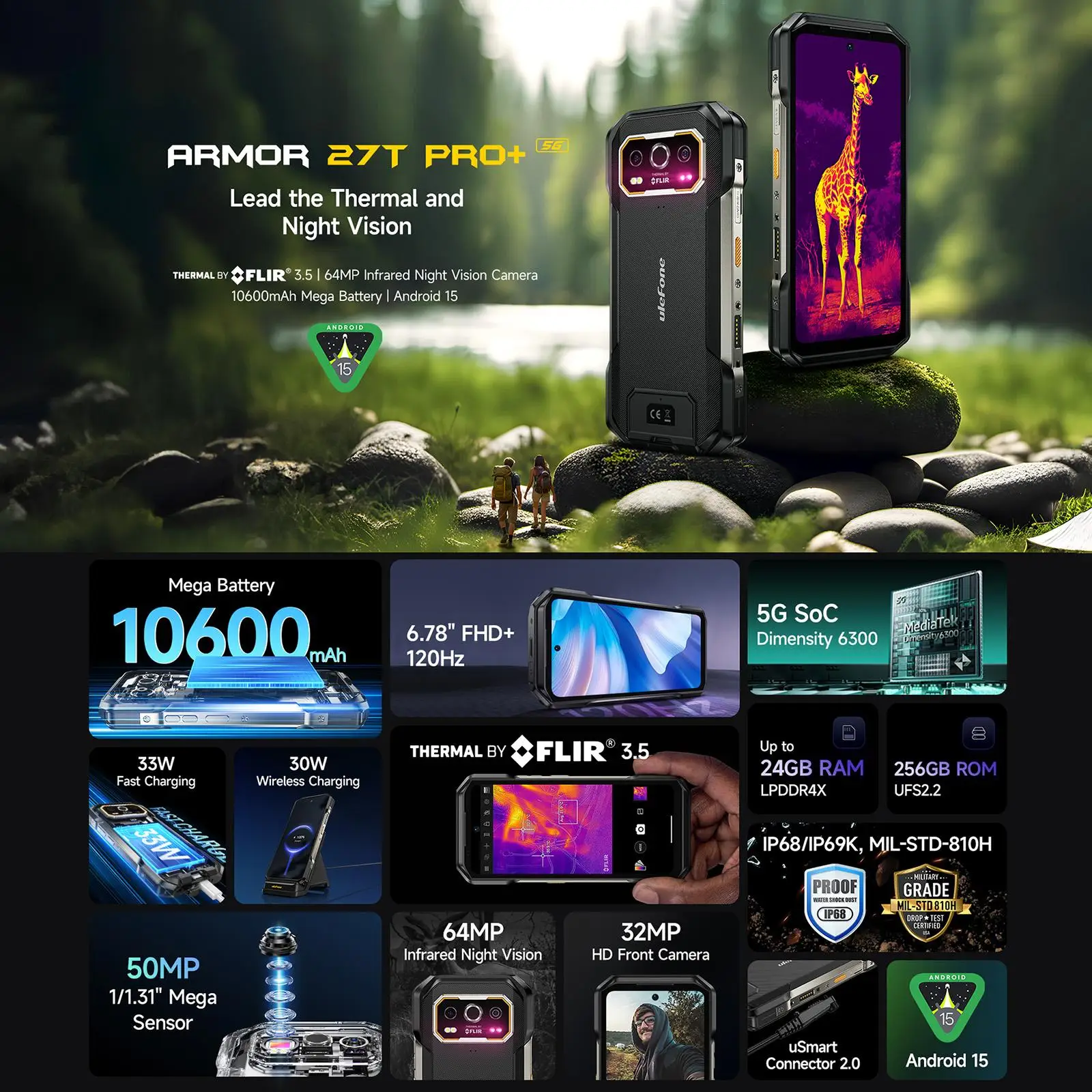 Ulefone Armor 27T Pro+ Rugged Phone 12GB+256GB 5G 6.78'' Thermal Imaging Night Vision 10600mAh Android 15 MTK 6300 Smartphone