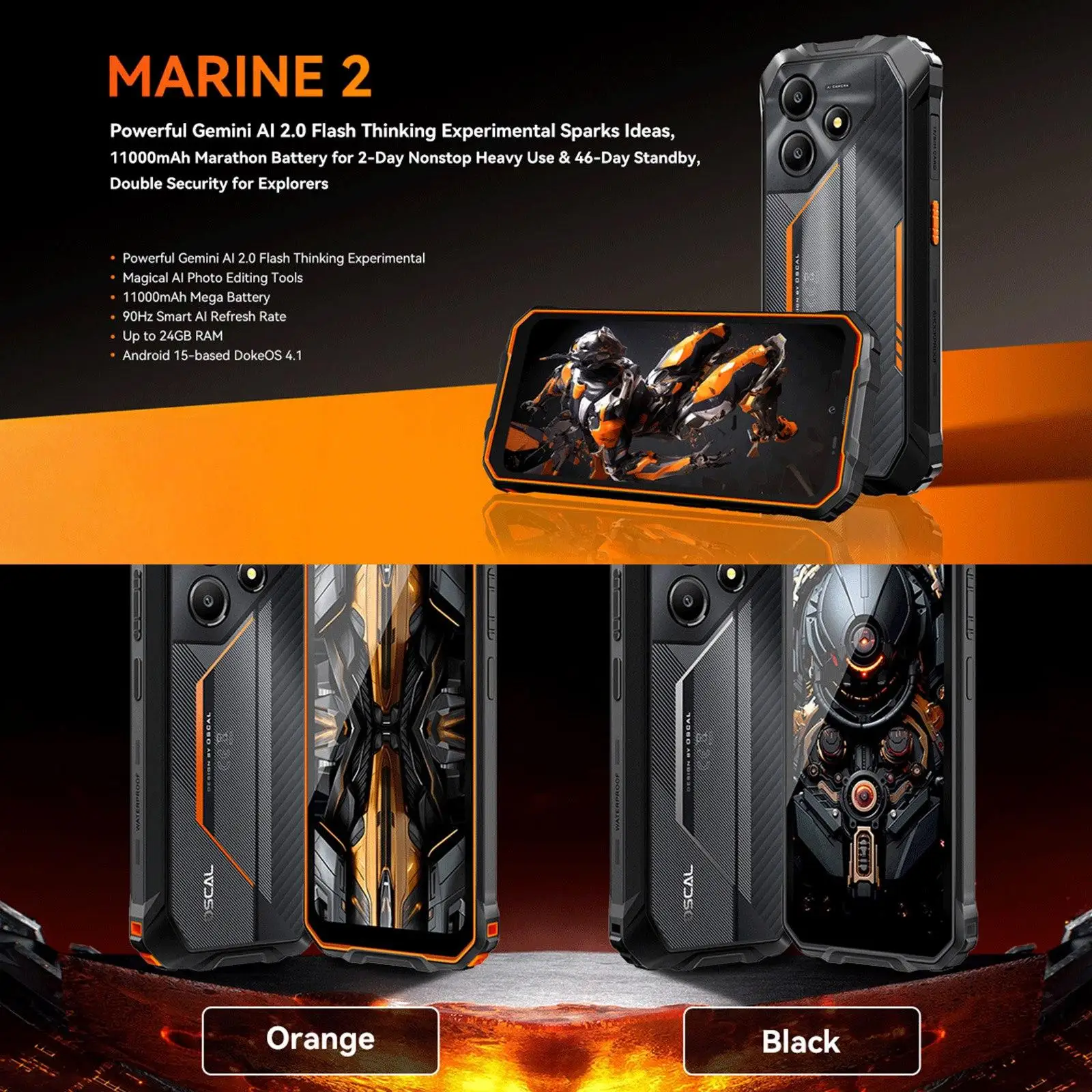 Blackview OSCAL Marine 2 Rugged Phone 4GB+64G/ 8GB+128GB 11000mAh Battery 6.56" HD+Display Unisoc T61 Android 15 NFC Smartphone