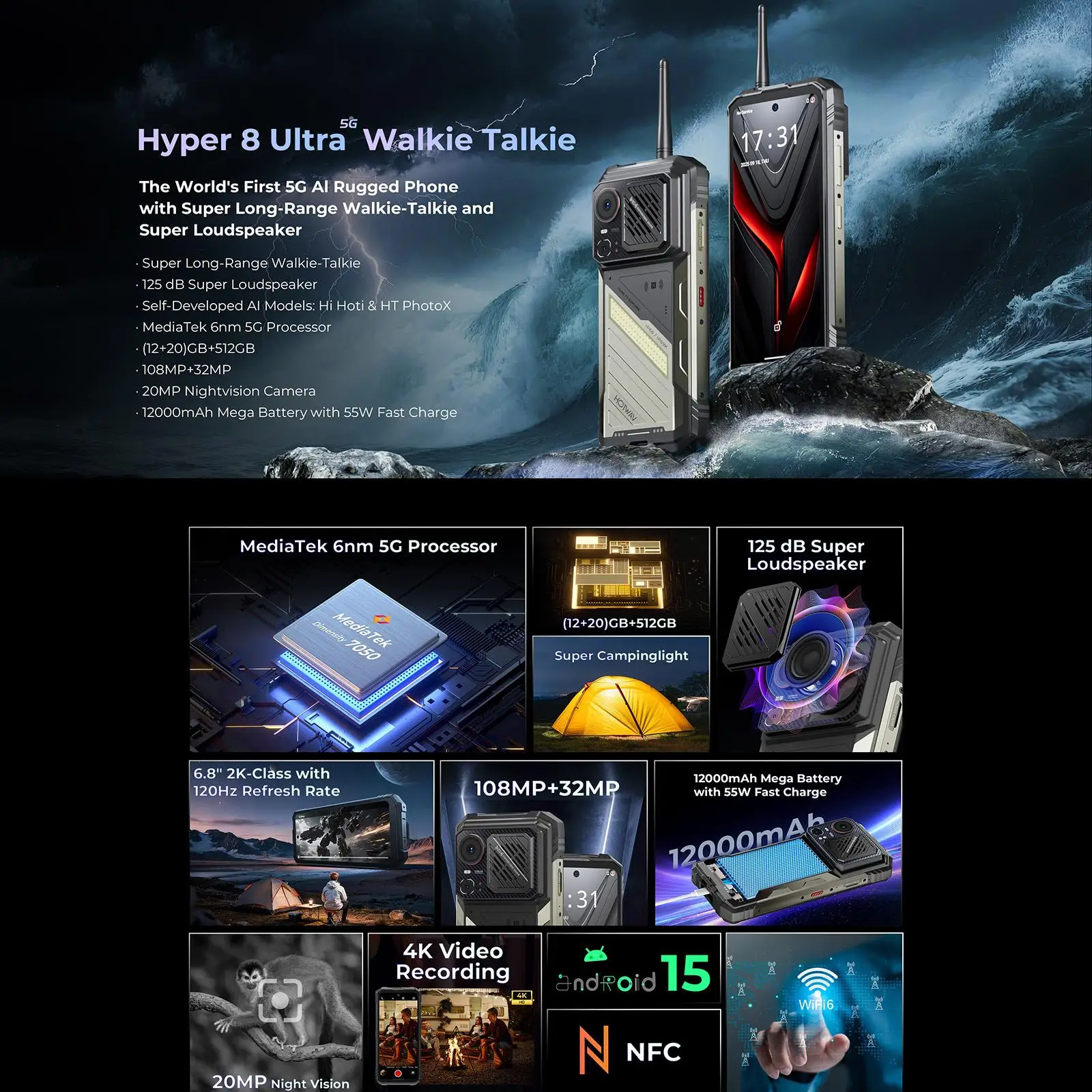 HOTWAV Hyper 8 Ultra Walkie-talkie Rugged Phone 12GB+512GB 6.8'' Android 15 MediaTek Dimensity 7050 12000mAh NFC 5G Smartphone