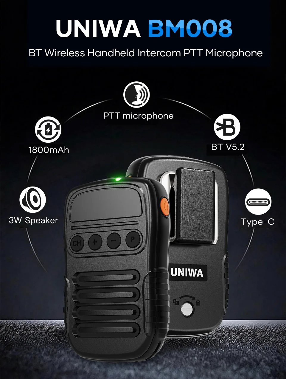 UNIWA BM008 Zello Walkie Talkie Zello SOS Button PTT Button 1800mAh POC Handheld Wireless BT Microphone 3W/8Ω (108dB)