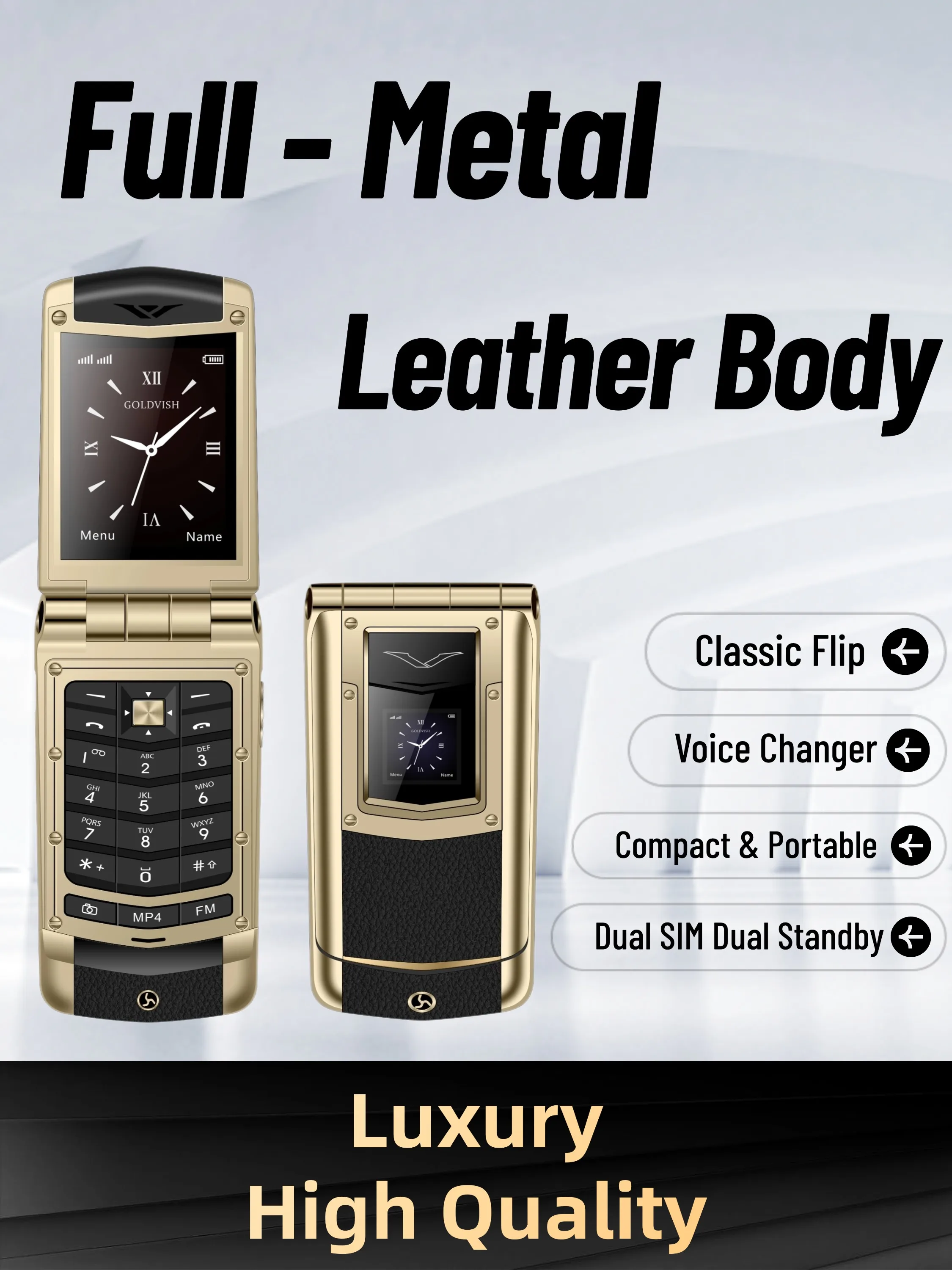 Luxury Metal Flip Phone for Men Dual SIM Business Phone Big Button Dual Screen Magic Voice Blacklist Senior Classic Mobile