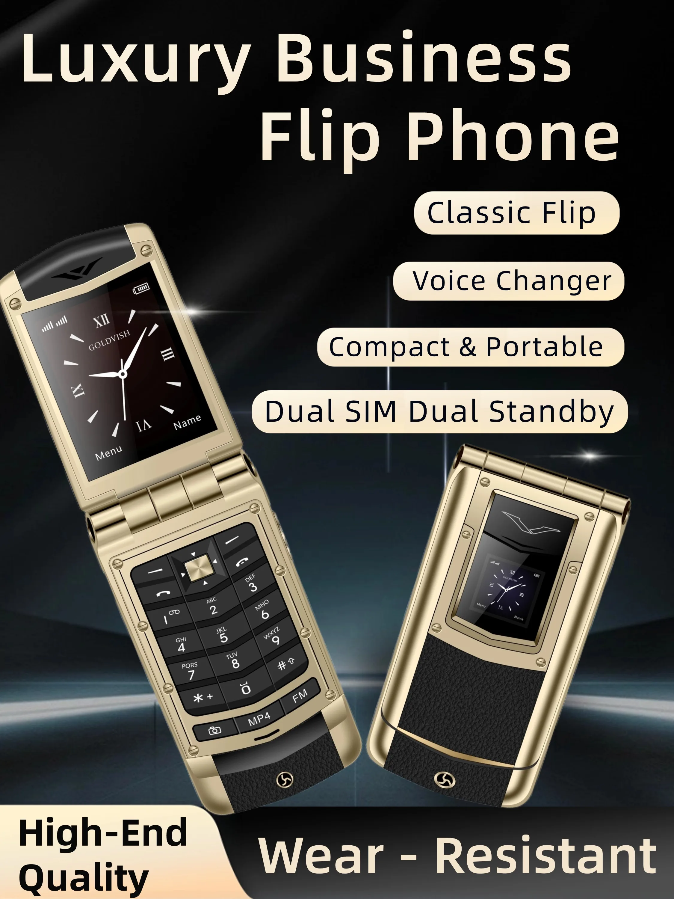 Luxury Metal Flip Phone for Men Dual SIM Business Phone Big Button Dual Screen Magic Voice Blacklist Senior Classic Mobile