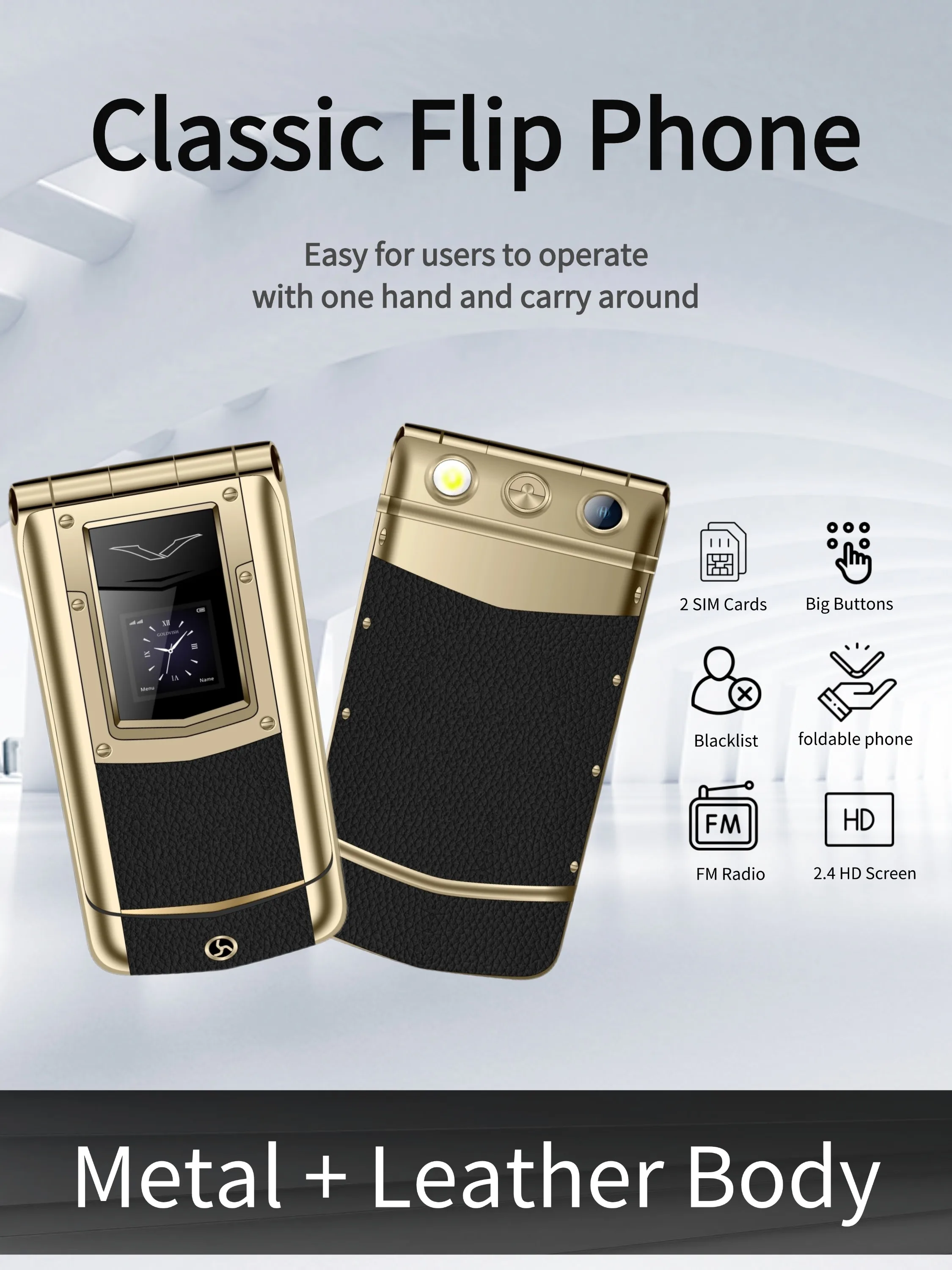 Luxury Metal Flip Phone for Men Dual SIM Business Phone Big Button Dual Screen Magic Voice Blacklist Senior Classic Mobile