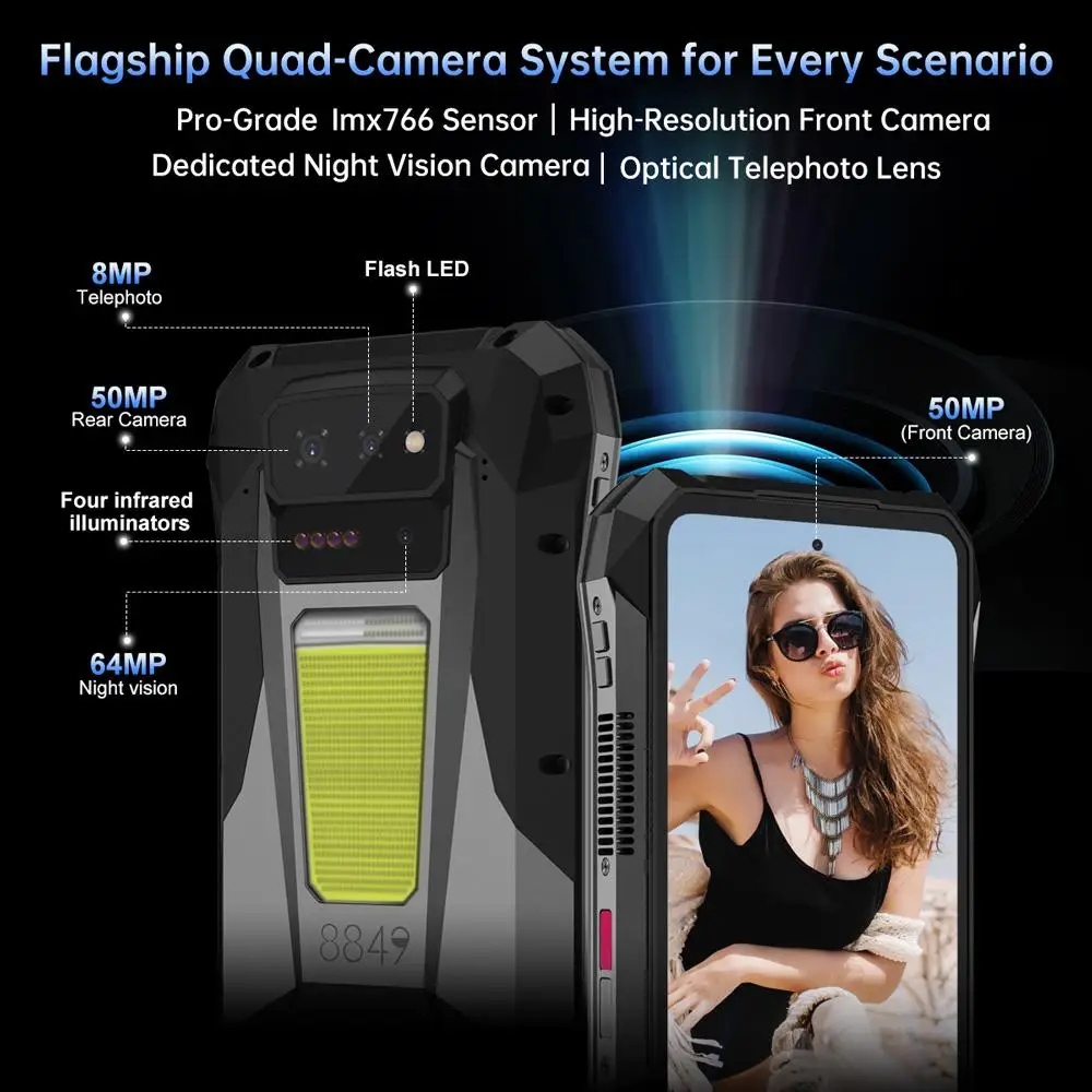 Unihertz 8849 Tank X Projector Rugged Phone 16GB+512GB Night Vision 6.78'' Android 15 Dimensity 8200 17600mAh NFC 5G Smartphone