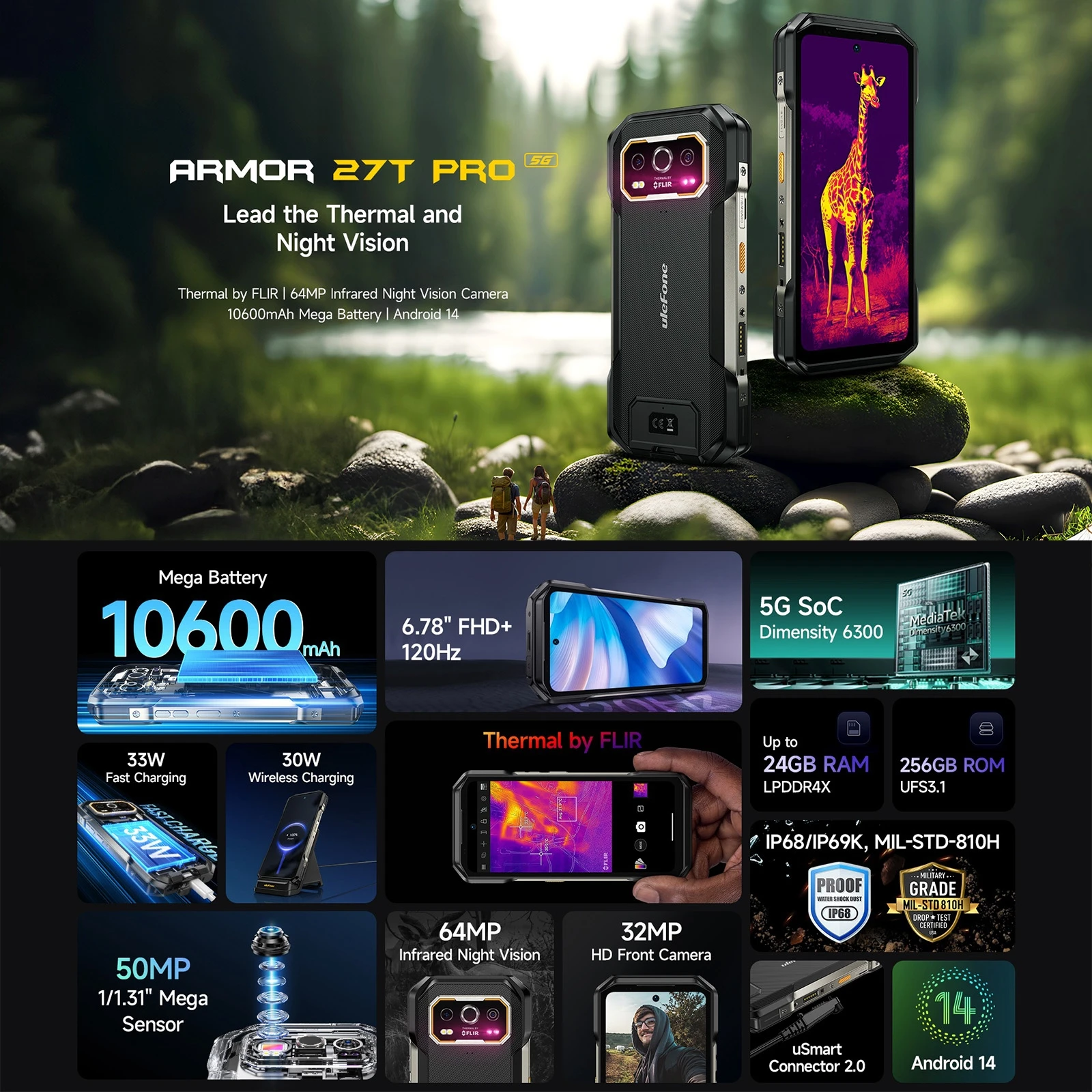 Ulefone Armor 27T Pro+ Rugged Phone 24GB+256GB 5G 6.78'' Thermal Imaging 10600mAh 33W 50MP+64MP Camera Android 15 NFC Smartphone